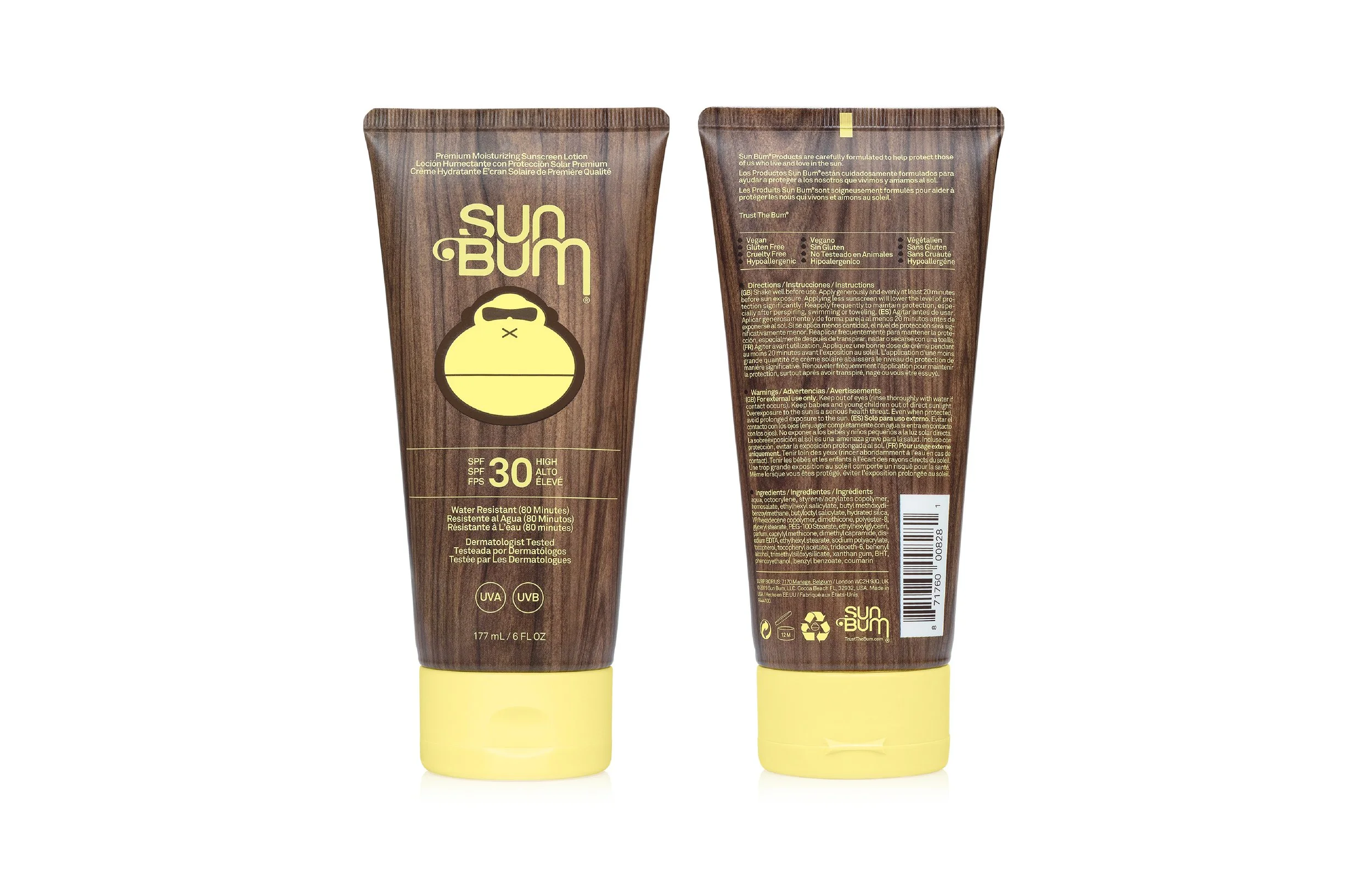 Tube of Sun Bum broad-spectrum sunscreen with SPF 30, featuring a yellow cap and a woodgrain design on the packaging.