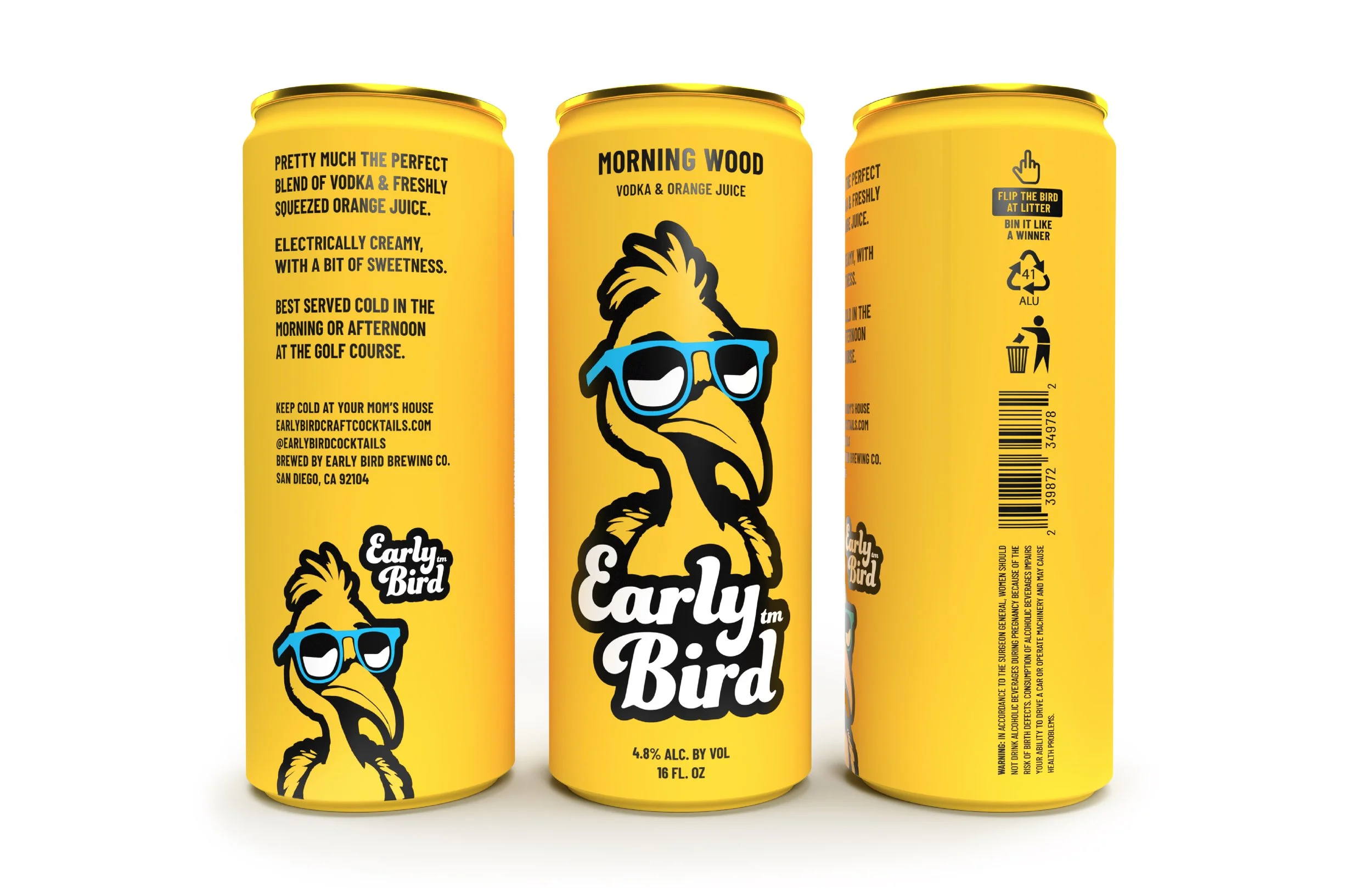 Three yellow cans of Early Bird cocktail beverage with a cartoon bird wearing sunglasses, featuring black and yellow text and symbols on the cans.