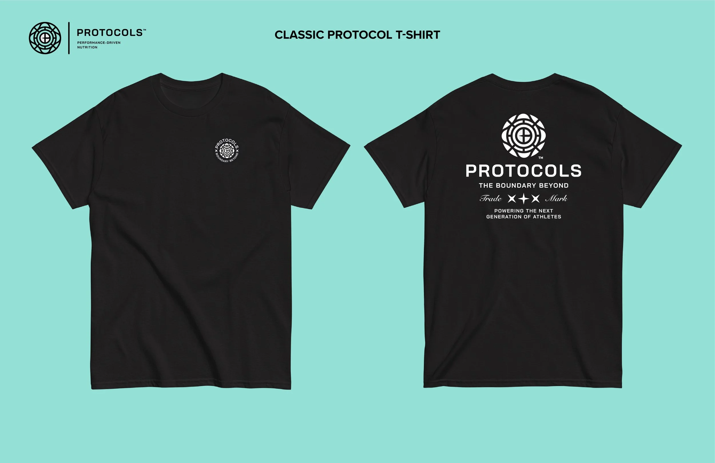 Black T-shirt with white logo on front and back, featuring circular emblem and text related to Protocols performance-driven nutrition.
