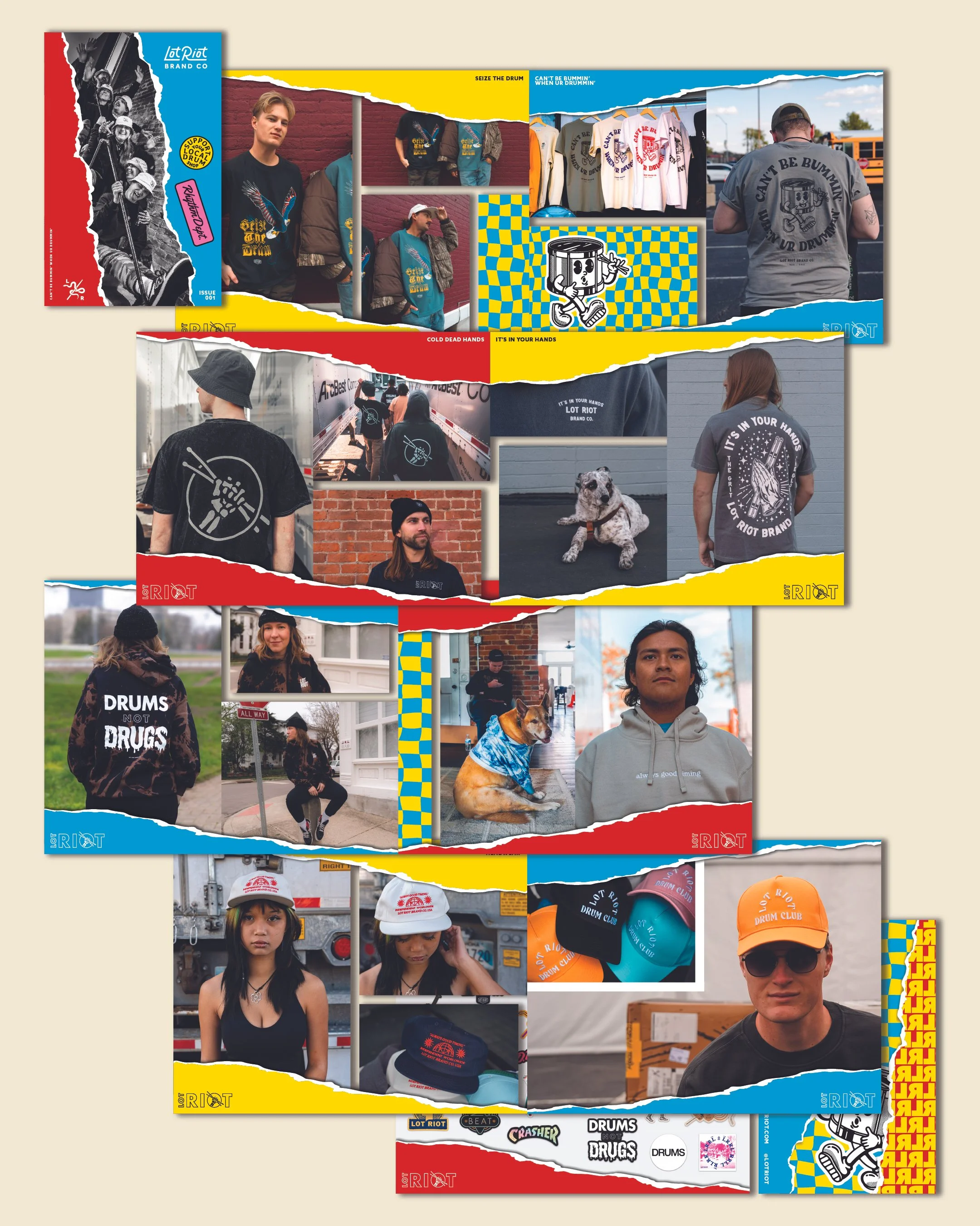 Collage of people wearing clothing and accessories with the slogan 'It's in your hands' and 'Drums not Drugs,' featuring various individuals, dogs, hats, and merchandise from LOT RIOT Brand Co.