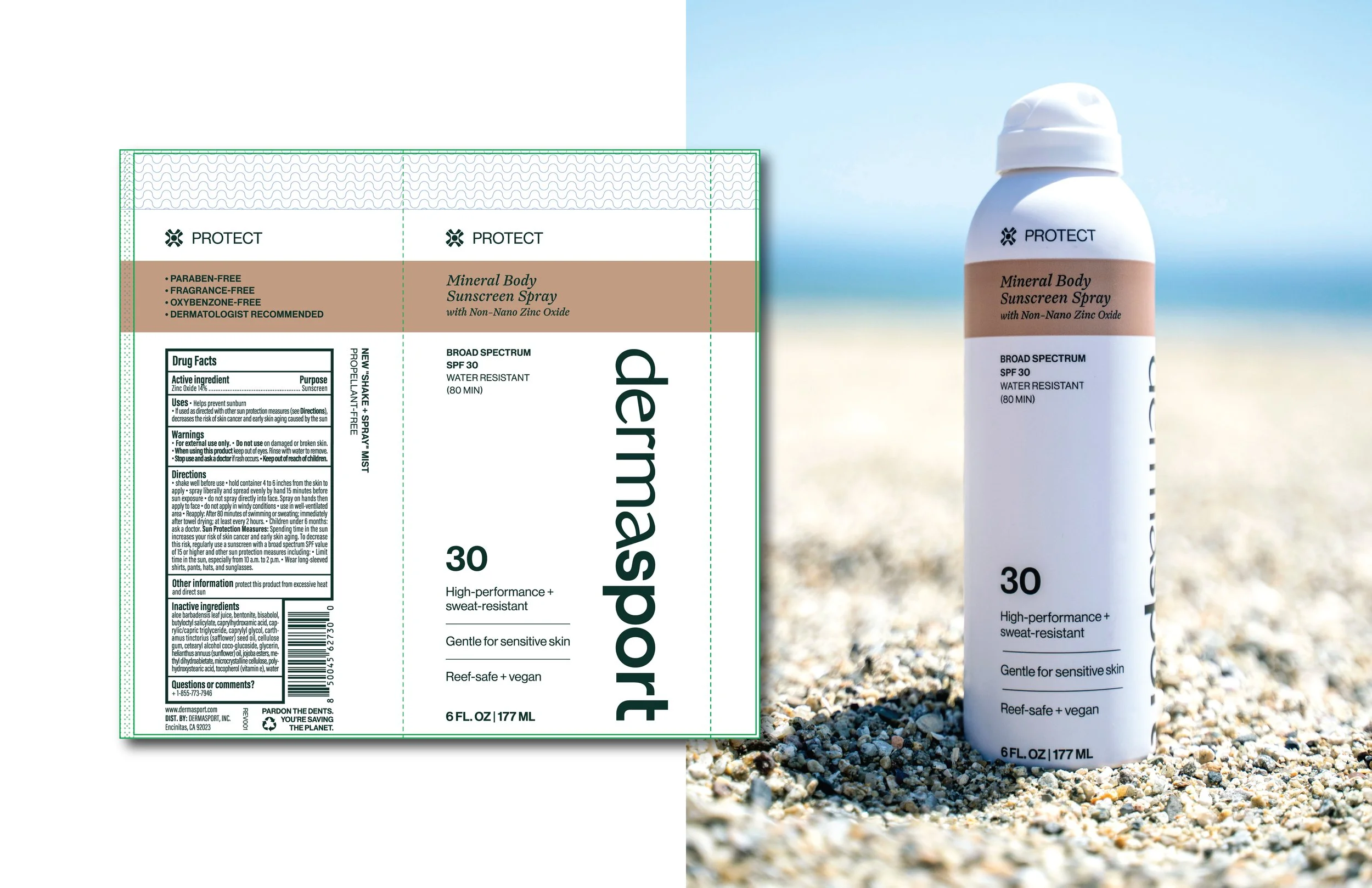 A sunscreen product packaging on the left side and a bottle of the same sunscreen on a sandy beach with a blue sky background on the right side.