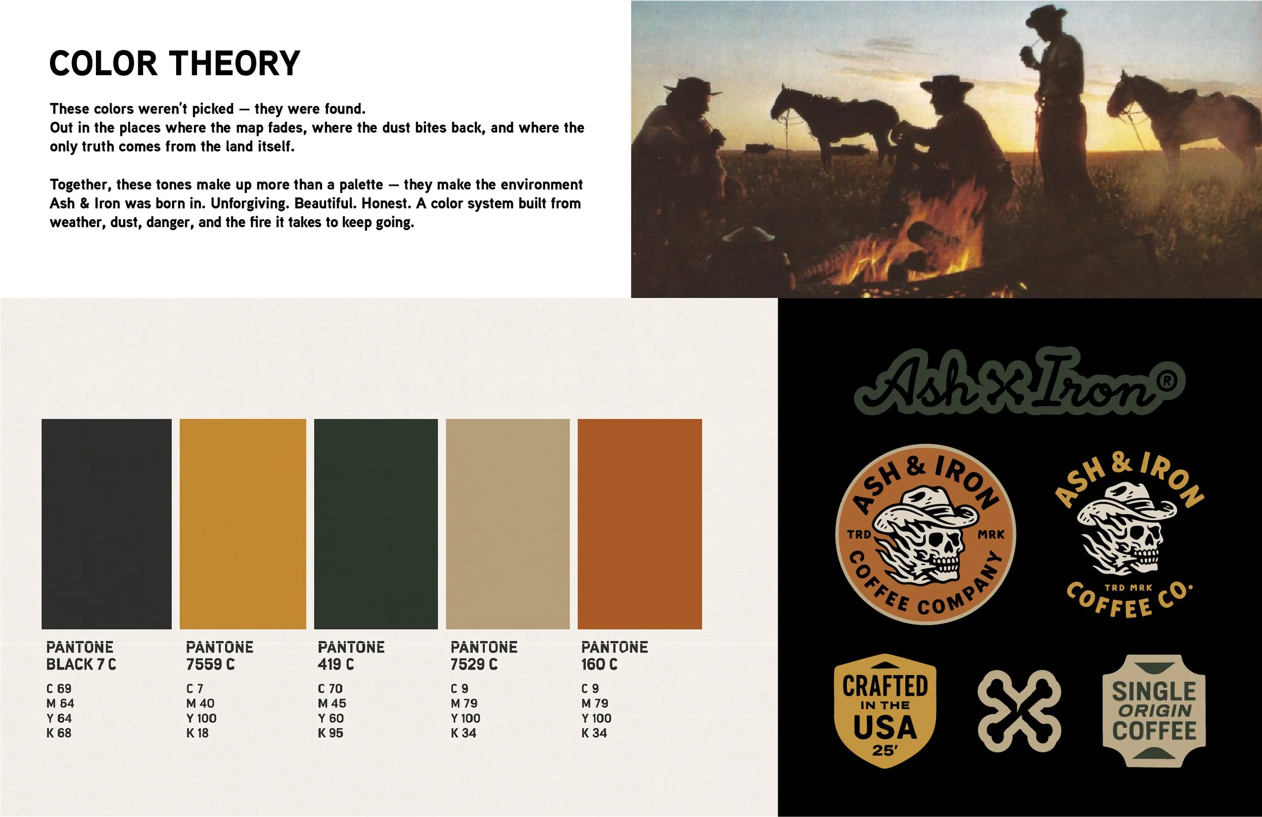 A promotional graphic for Ash & Iron Coffee Company features a scene of silhouettes of people and horses gathered around a campfire at sunset, with a color palette and branding elements displayed below.