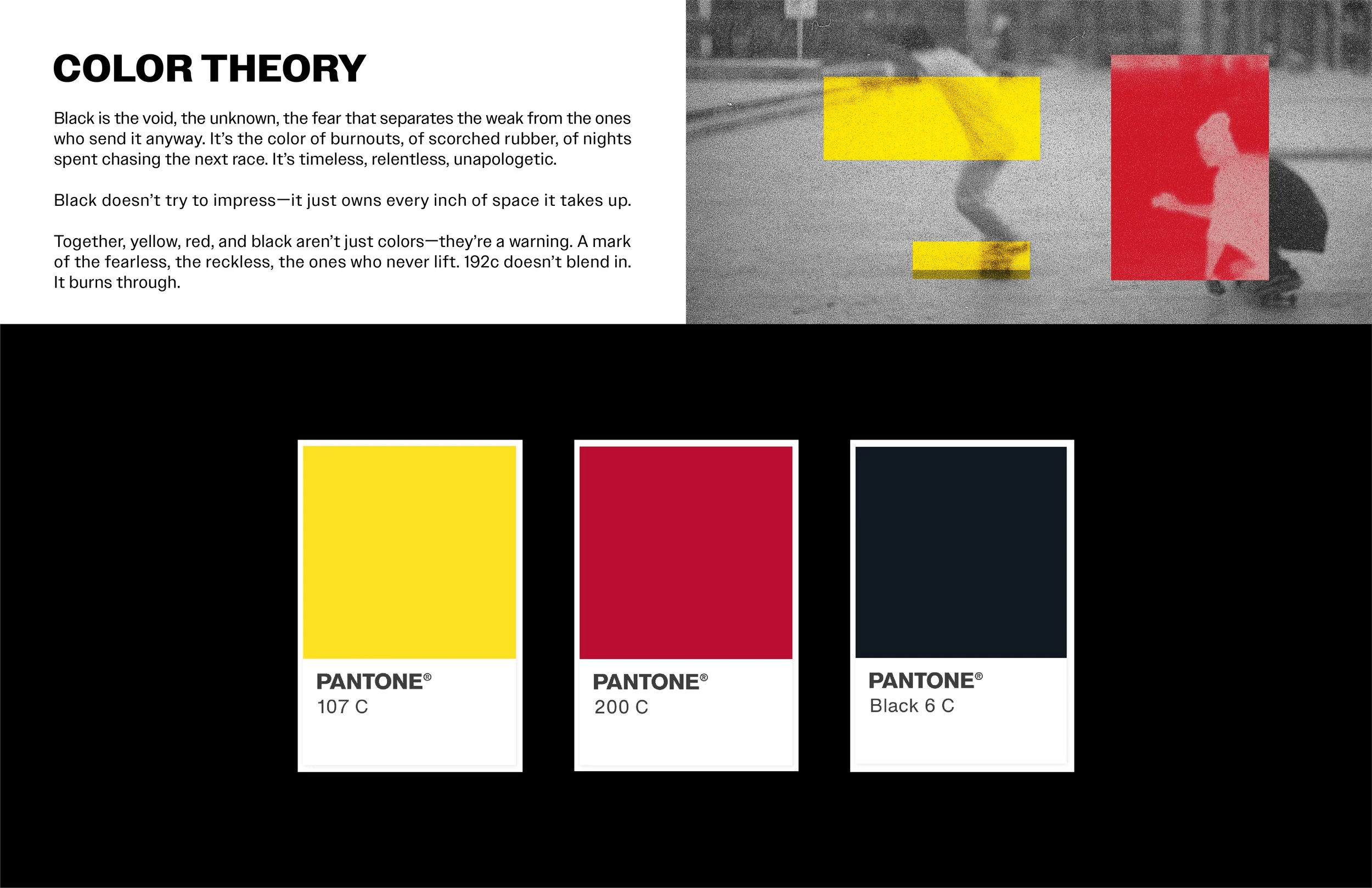 A black-and-white photo of a skateboarder performing a trick at a skatepark, overlaid with color swatches of yellow, red, and black, and accompanying text discussing the significance of black in color theory.