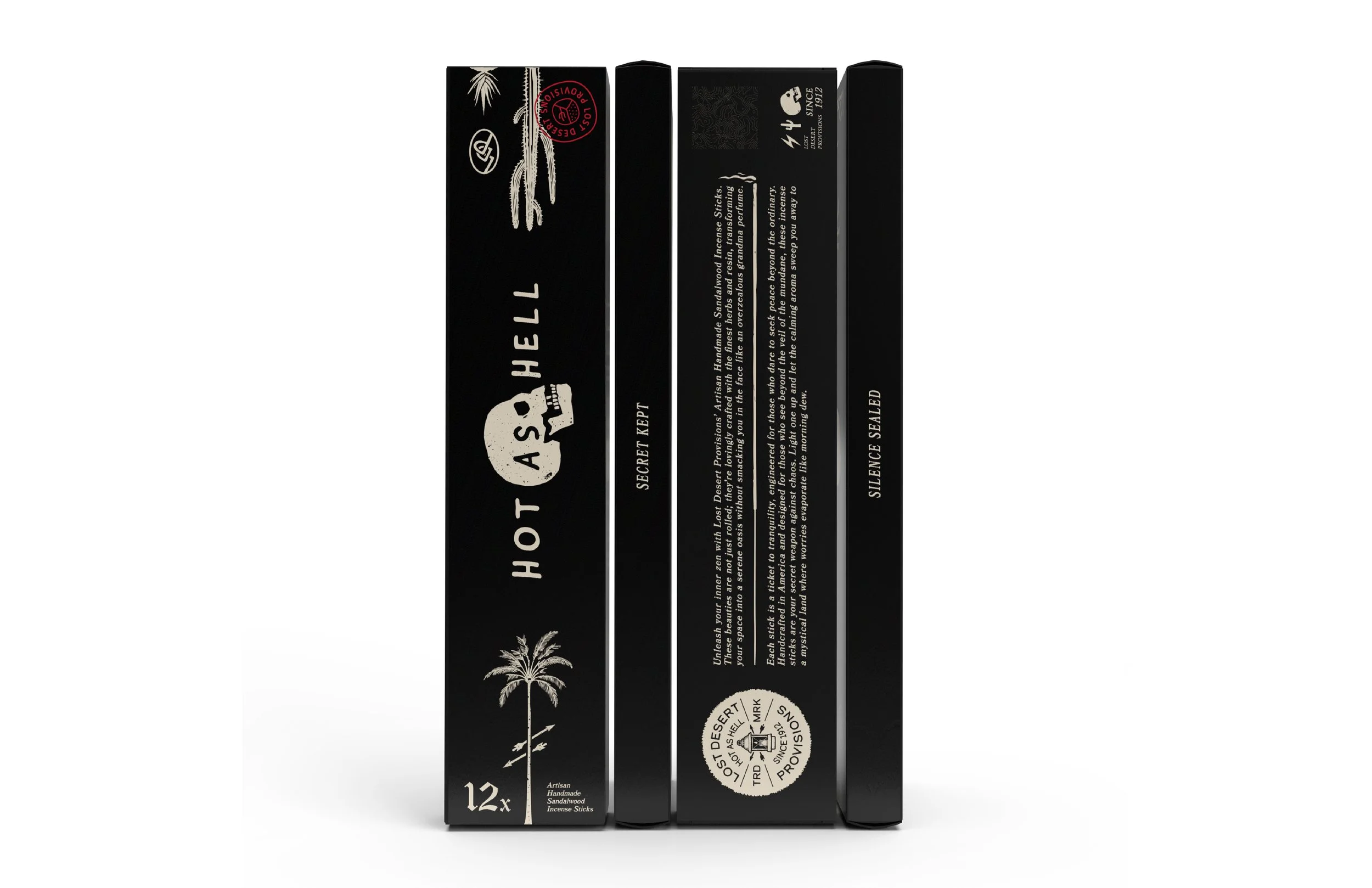 Three black boxes of sandalwood incense sticks with white text and palm tree illustration.