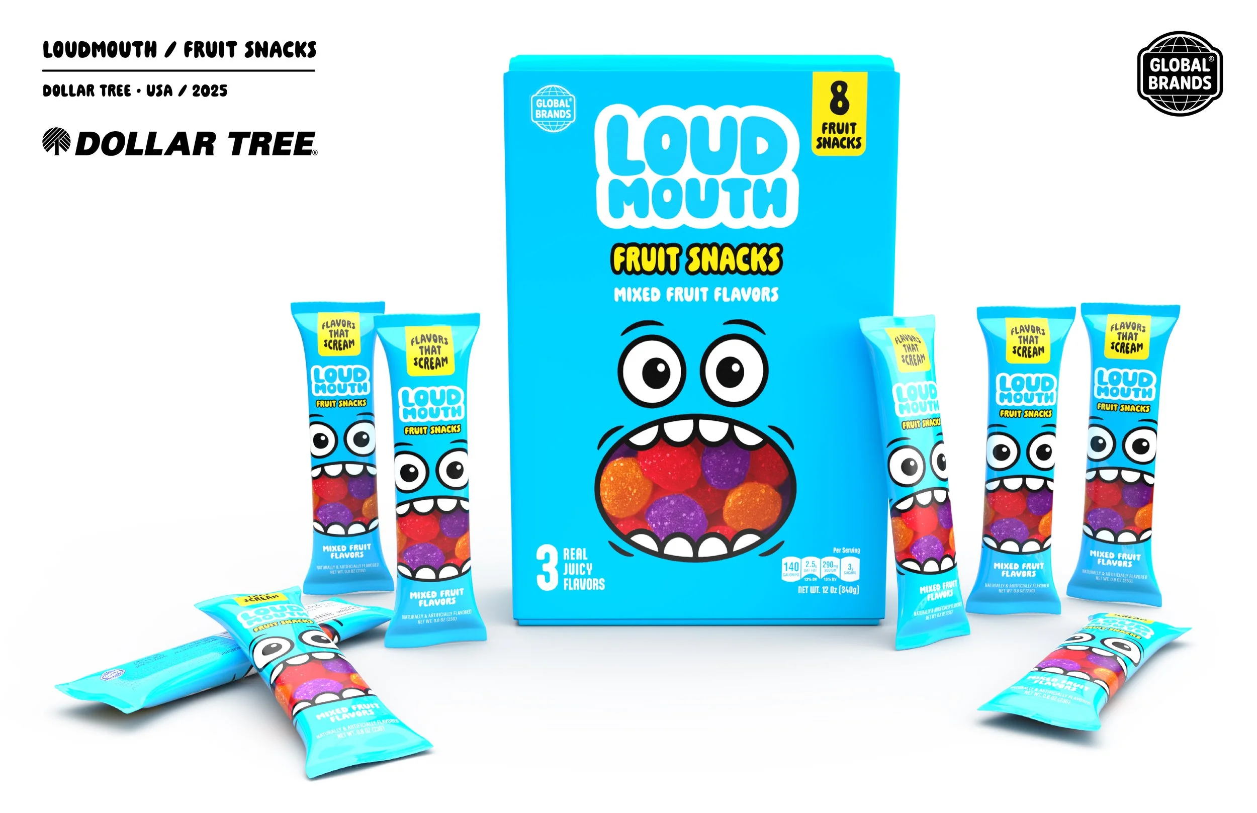 Blue box of Loud Mouth Fruit Snacks with cartoon face and open mouth showing colorful gummy fruits inside, surrounded by individual snack packs with similar design and face, on a white background.