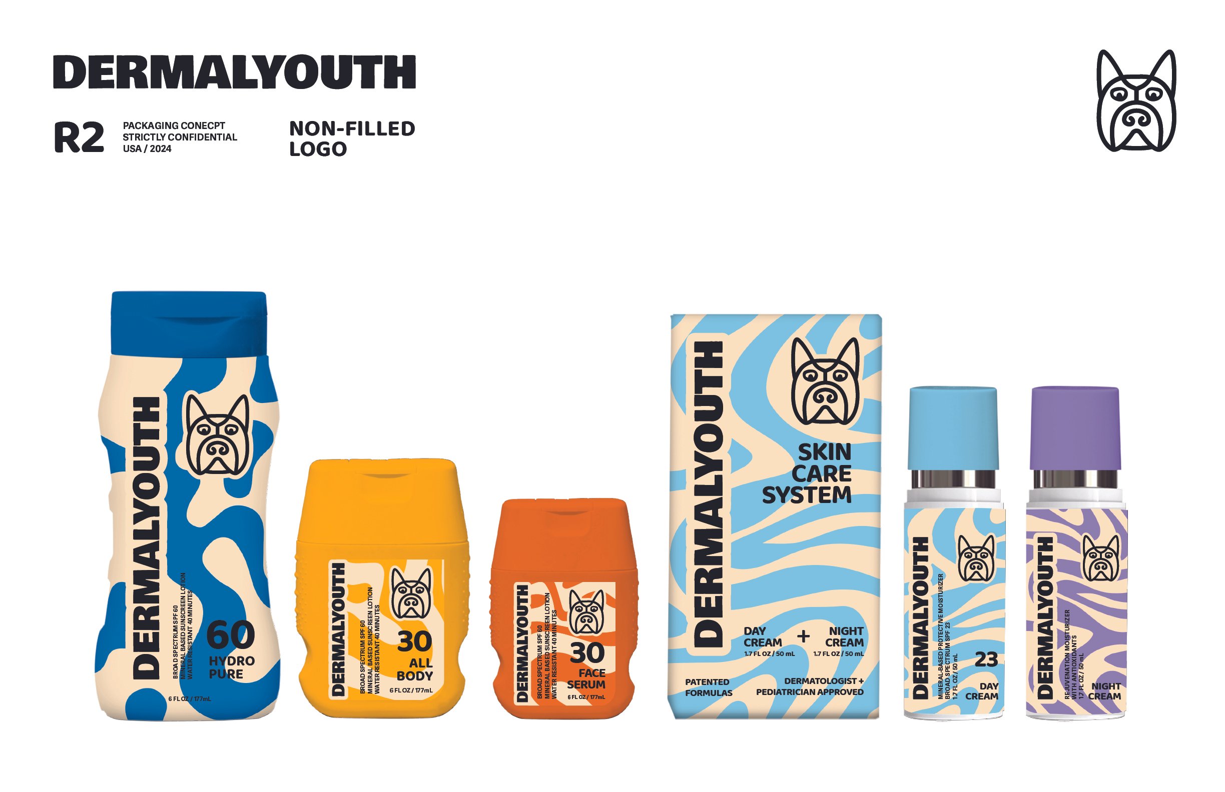 A lineup of skincare products from DermalYouth with colorful packaging, including day and night creams, facial serum, moisturizer, and SPF 60 sunscreen, arranged in front of a plain white background.