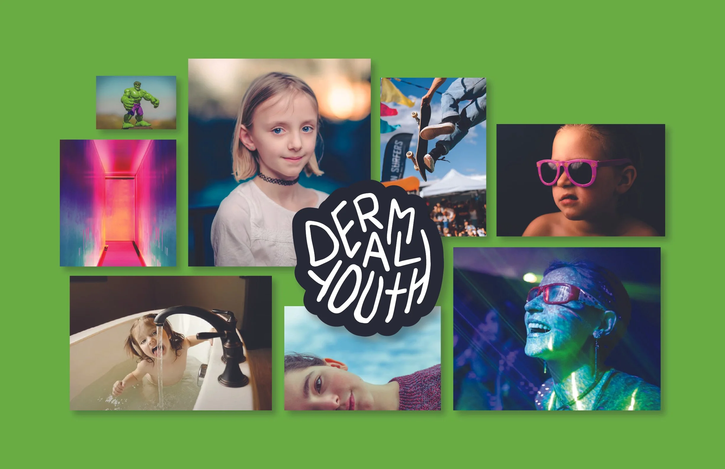 Collage of children engaging in various activities, including playing, creating art, and relaxing, on a vibrant green background.