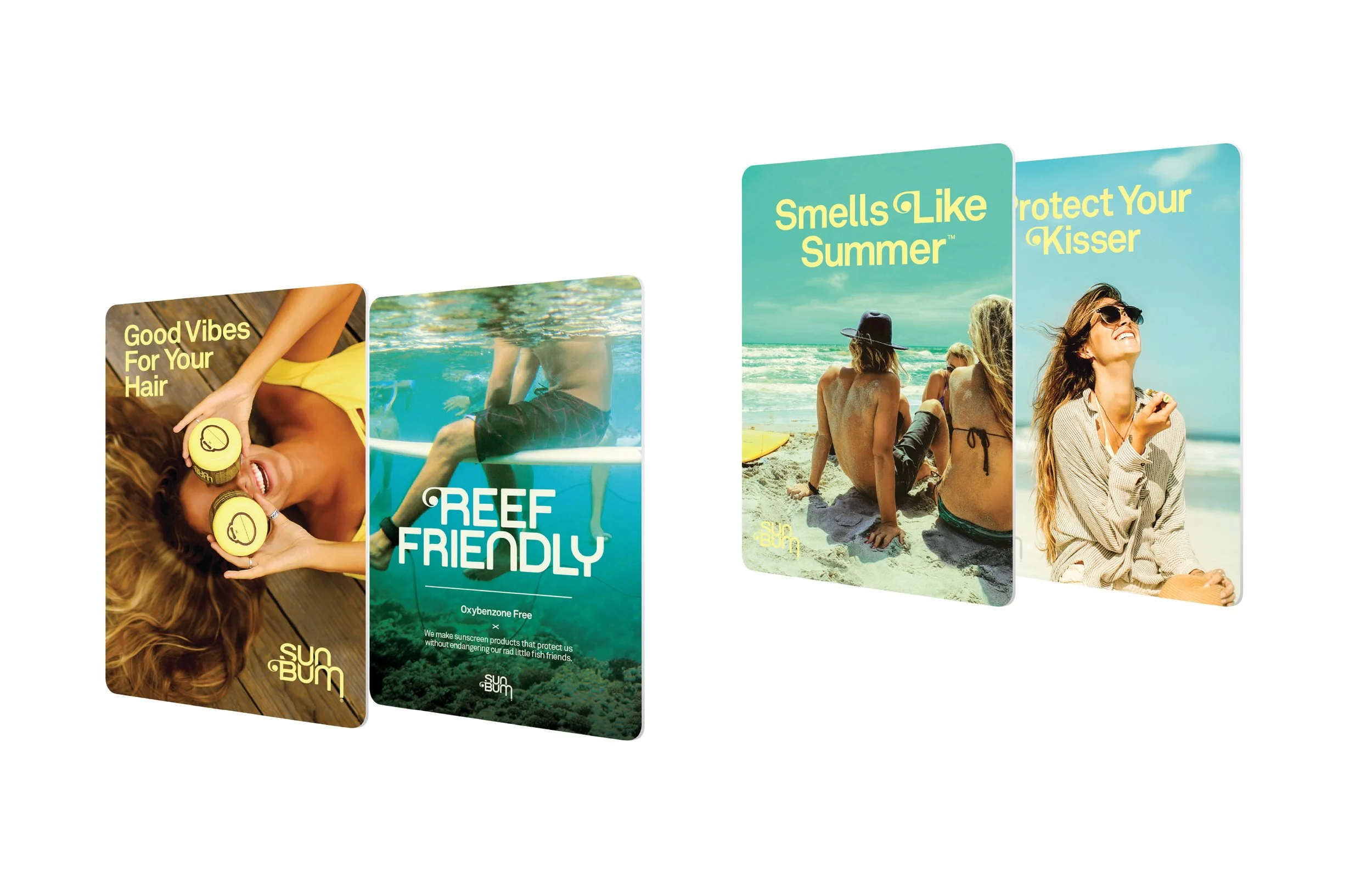 Collection of promotional cards featuring women at the beach, underwater, and relaxing outdoors, with text about summer scents and sunscreen products.
