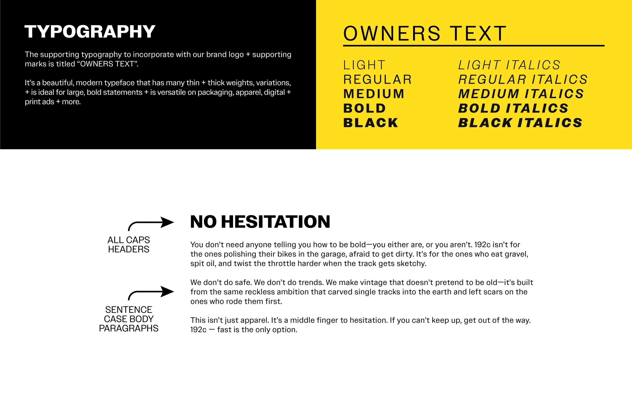 A digital design layout explaining typography styles. The left section has a black background with white text about typography, and the right section has a yellow background with black text showing different styles of owner text, including variations