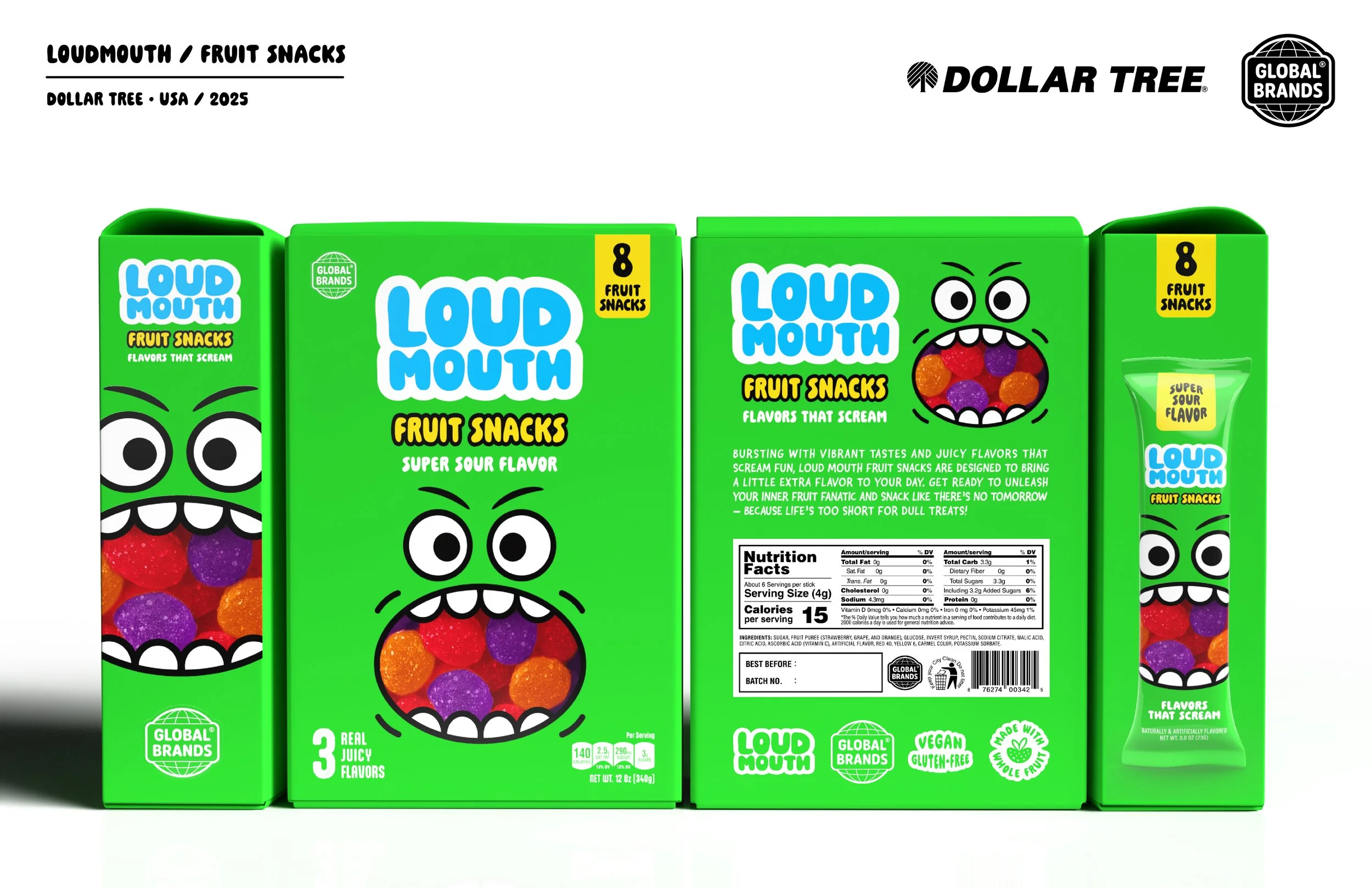 Green packaging of Loud Mouth fruit snacks featuring a cartoon face with expressive eyes and an open mouth filled with colorful gummy candies. The packaging indicates flavors, nutritional information, and branding details.