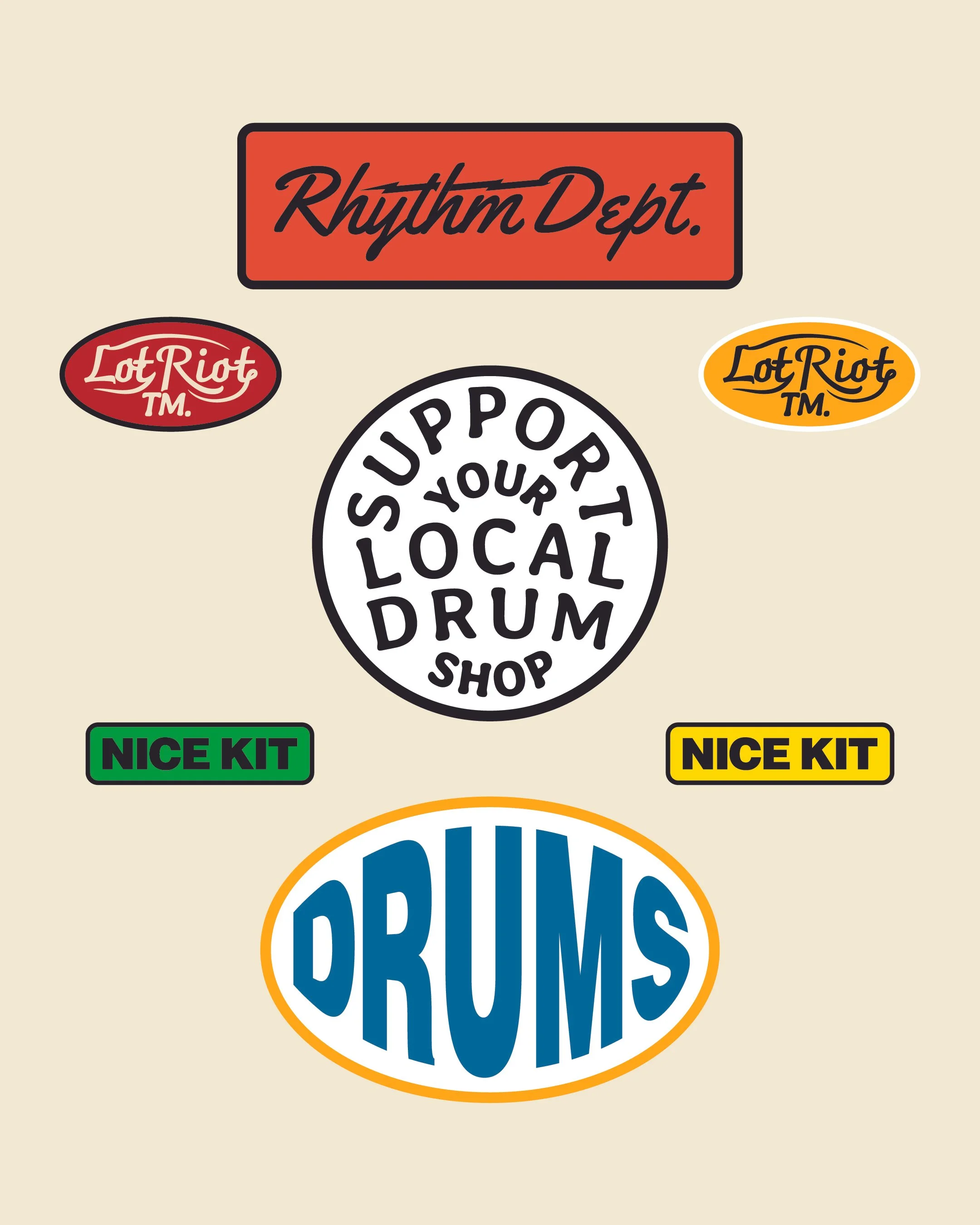 Collection of stickers promoting support for local businesses and a specific brand called Rhythm Dept, with slogans like 'Support Your Local Drummer' and 'Nice Kit'.