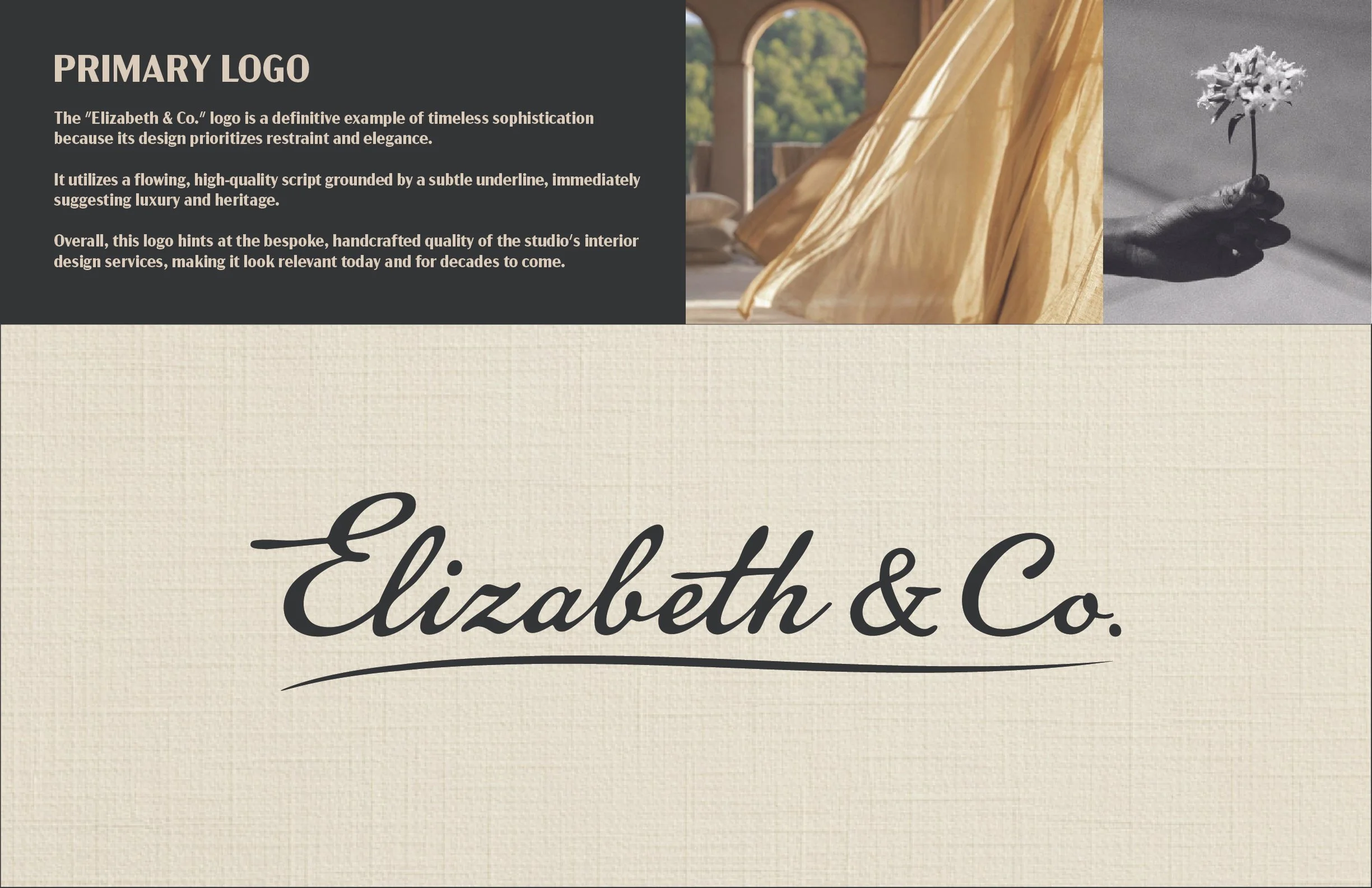 Part of a website showing a logo design with text and images. The left side has a dark background with a heading 'PRIMARY LOGO' and descriptive paragraph about Elizabeth & Co.'s logo. The right side features a photo of a hand holding a flower, with a