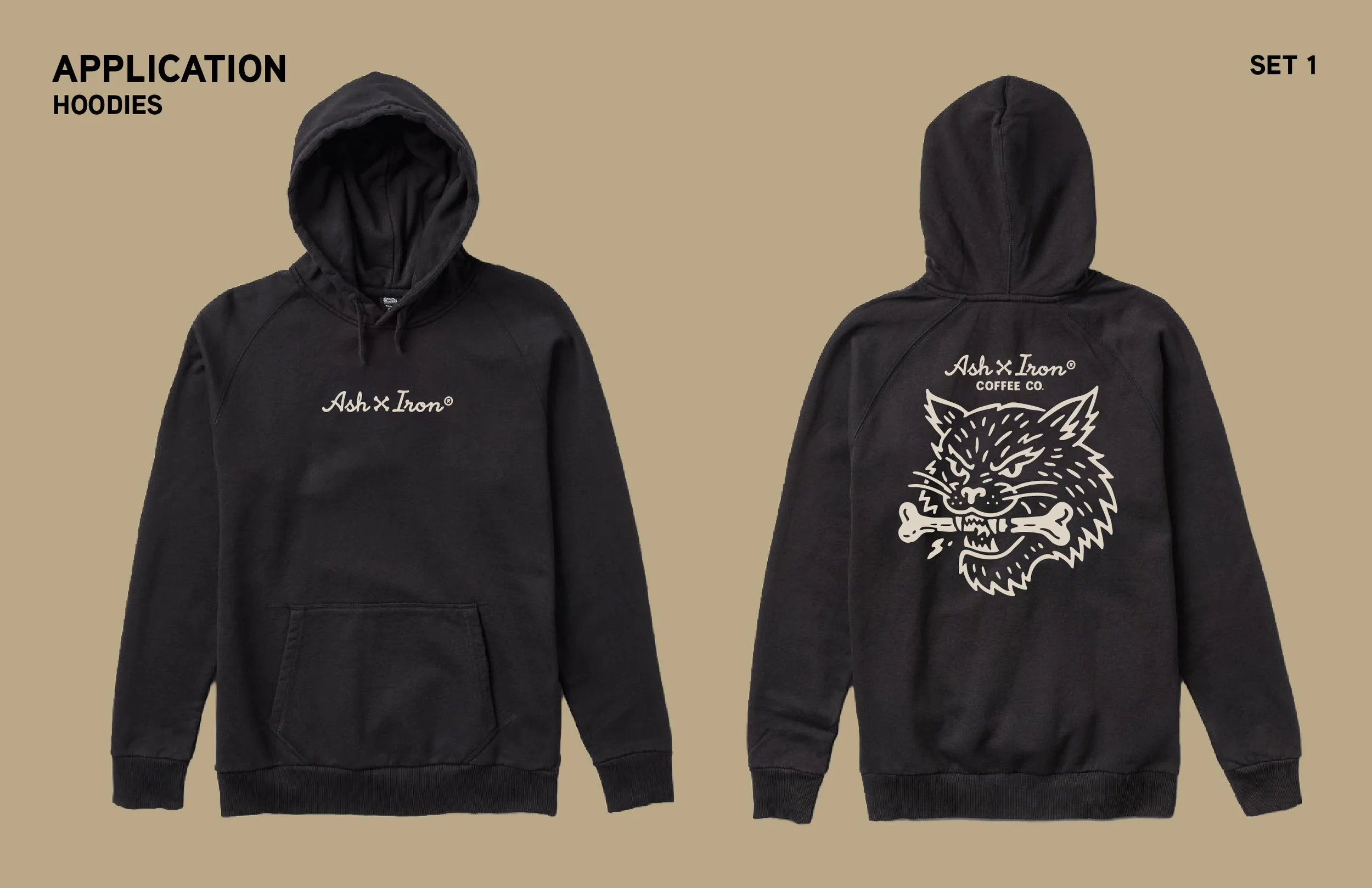 Two black hoodies displayed on mannequins against a beige background. The left hoodie features the text "Ash x Iron" embroidered on the chest, while the right hoodie has a graphic of a fierce animal head, possibly a wolf, with the text "Ash x Iron Co