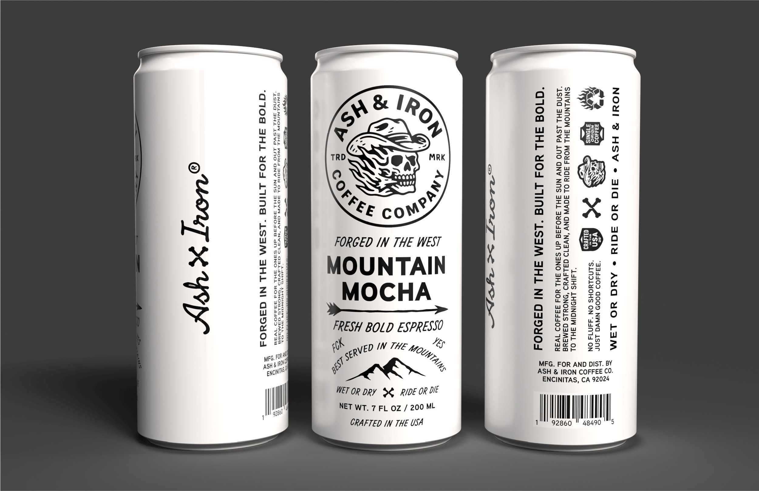 Three white cans of Ash & Iron Mountain Mocha coffee flavor with black text and a logo featuring a skull wearing a hat.
