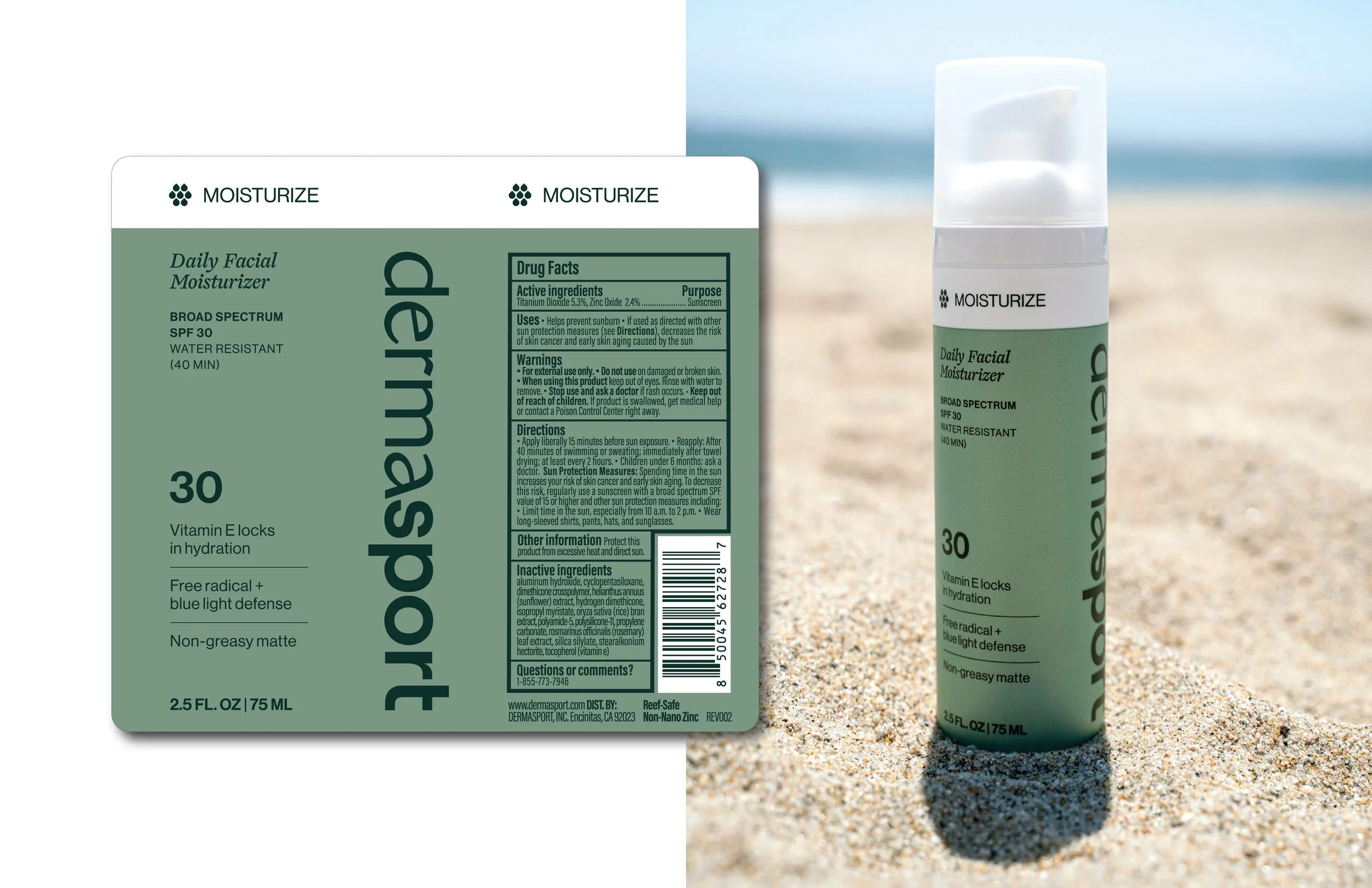 A bottle of moisturizer standing in the sand on a beach, with its label visible and a blue sky in the background.
