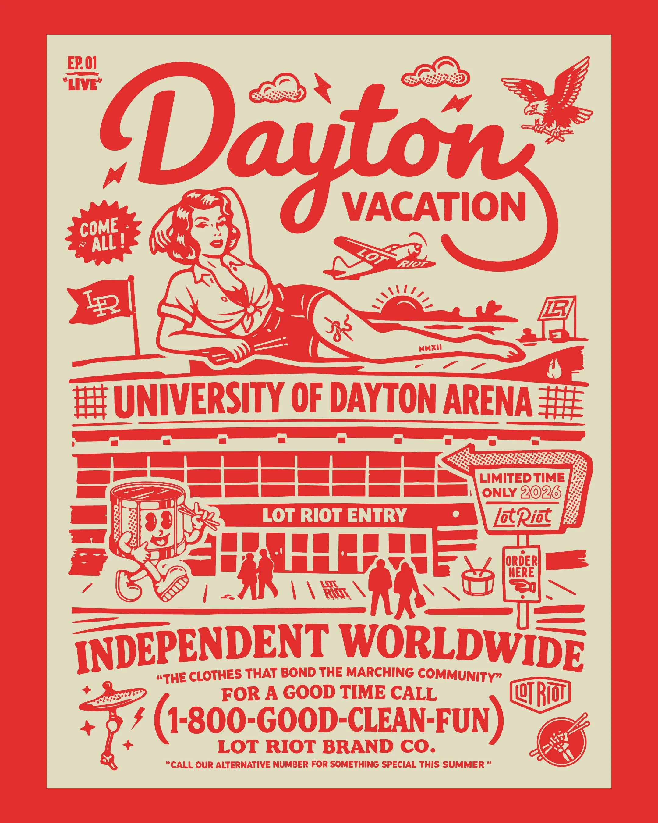A promotional poster for an event called Dayton Vacation, part of the WGI Dayton Finals. The poster lists multiple details, including dates, a phone number, and locations such as Lot Riot, the University of Dayton Arena, and Lot Riot Brand Co.