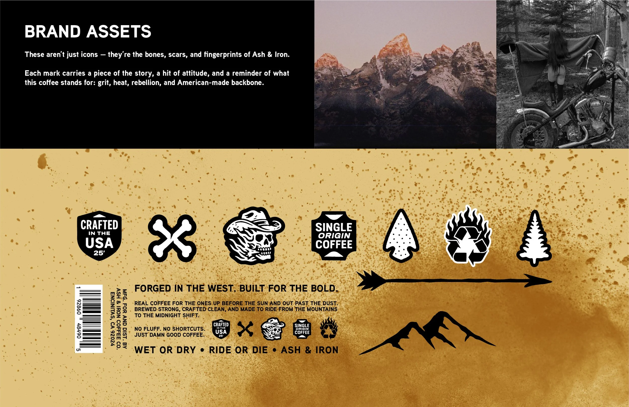 A collage of three images: a mountain landscape at sunset, a woman with long hair standing next to a motorcycle in a forest, and a section of coffee packaging with various icons and text emphasizing craftsmanship, origin, and qualities of the coffee.