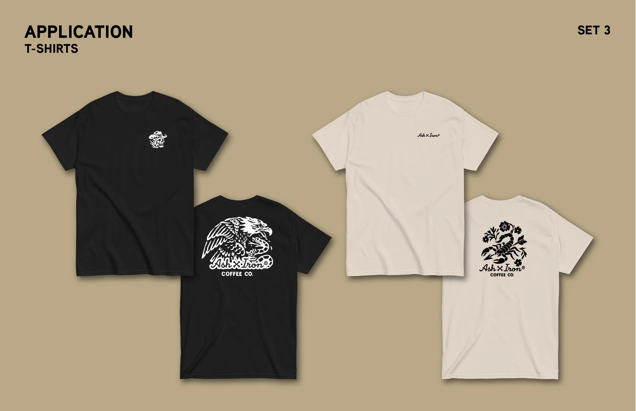 Set of four T-shirts on beige background, two black with white graphics including a skull with a hat and a lion, and two white with black floral designs, labeled as Application T-Shirts Set 3.