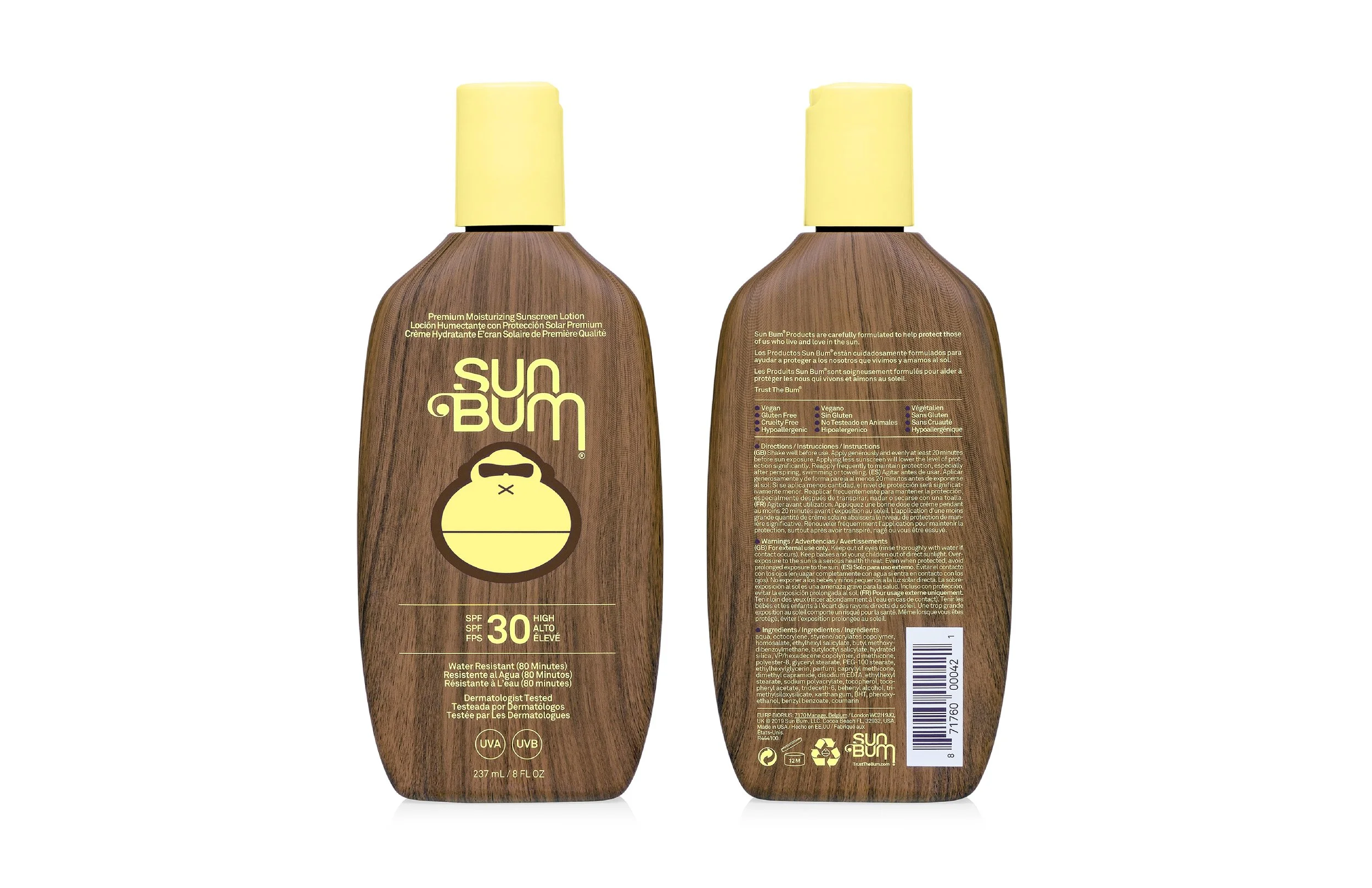 Two bottles of Sun Bum SPF 30 sunscreen with a woodgrain pattern design, front and back views.