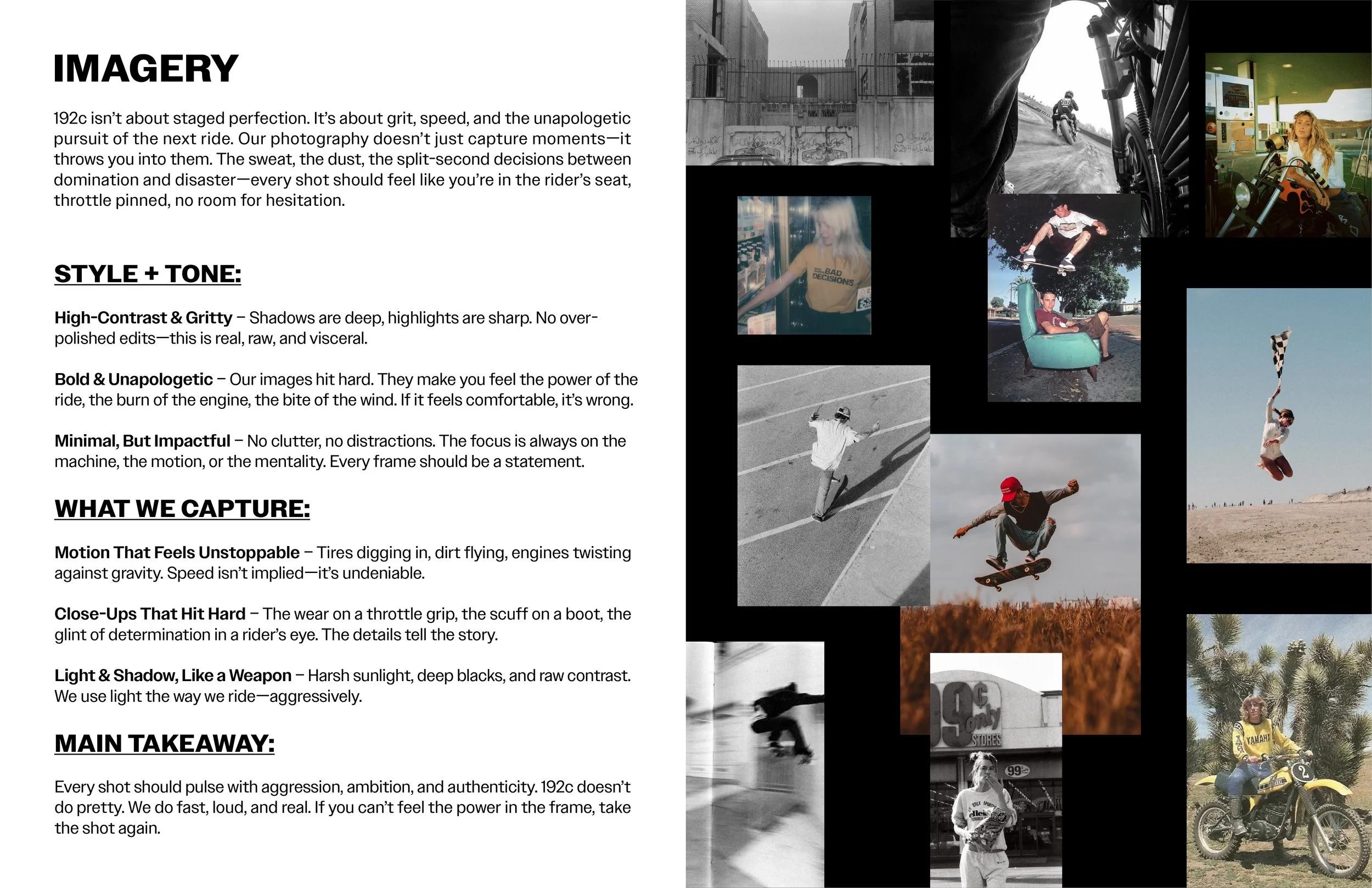 A collage of various black-and-white and color photographs featuring people riding motorcycles, skateboarding, sitting in a chair, walking, and holding a flag, alongside text about imagery and photography style.