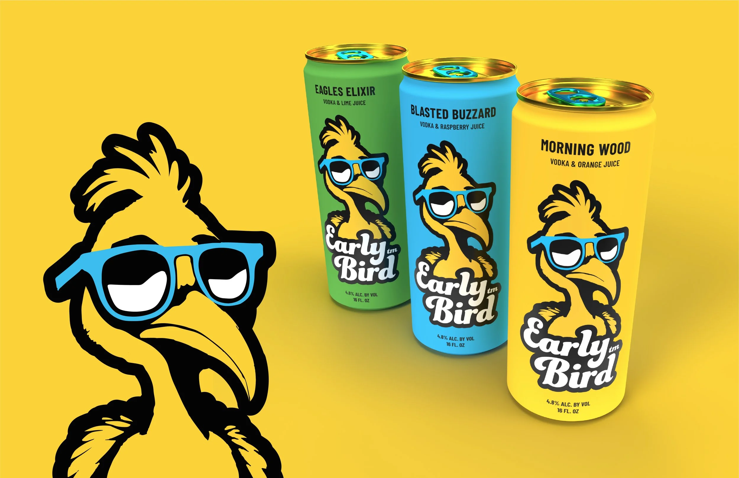 Three colorful cans of Early Bird alcoholic beverages with a yellow background and a stylized eagle mascot wearing sunglasses on the left.