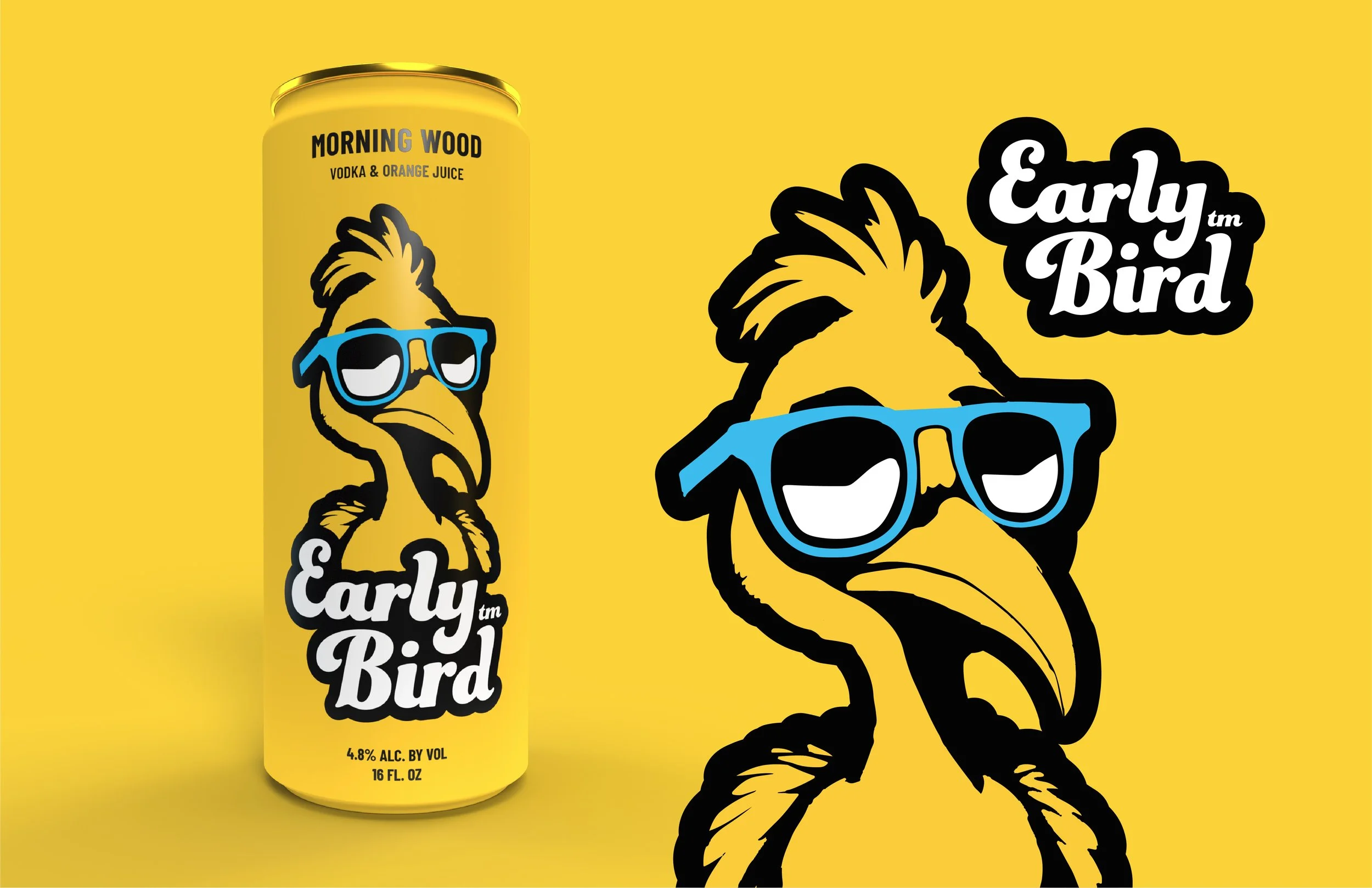 Yellow can of Early Bird cocktail with a cartoon bird wearing blue sunglasses on the label and background.