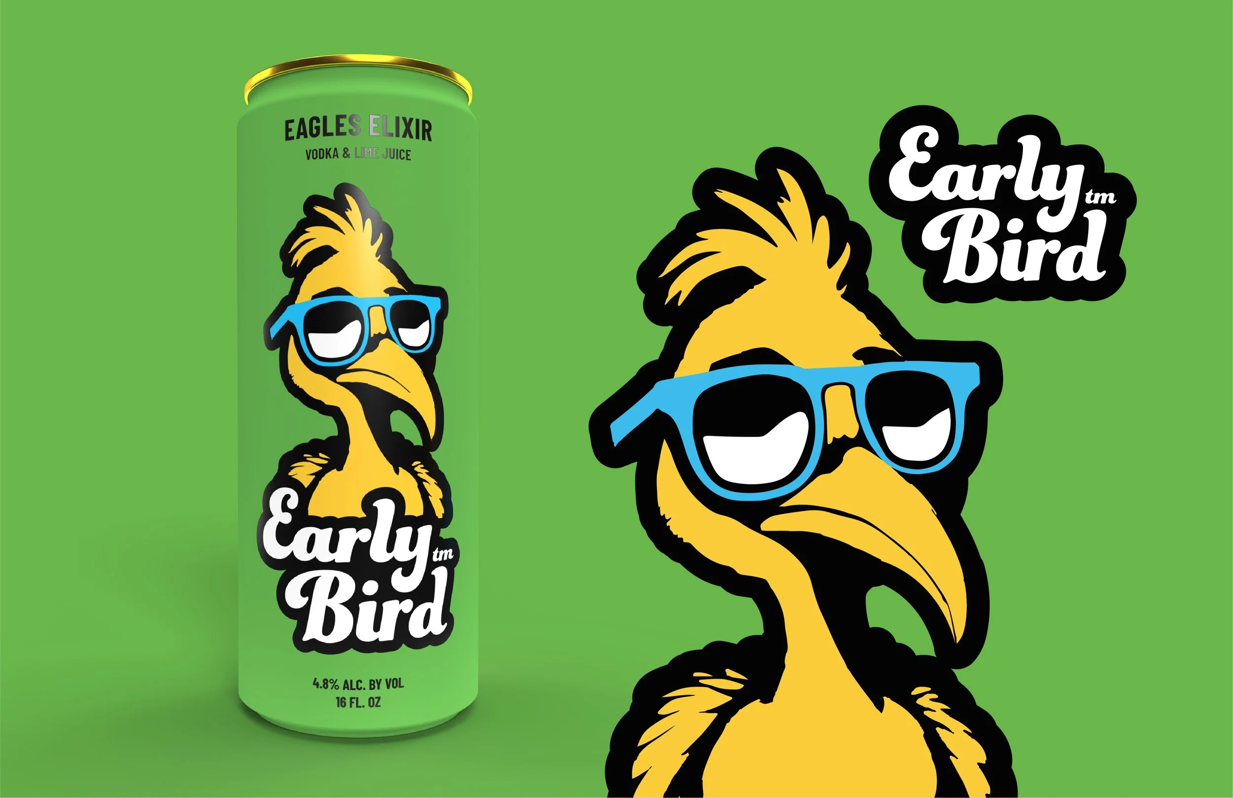 A bright green can labeled 'Eagles Elixir' with a cartoon eagle wearing blue sunglasses and the text 'Early Bird' beside it, set against a matching green background.