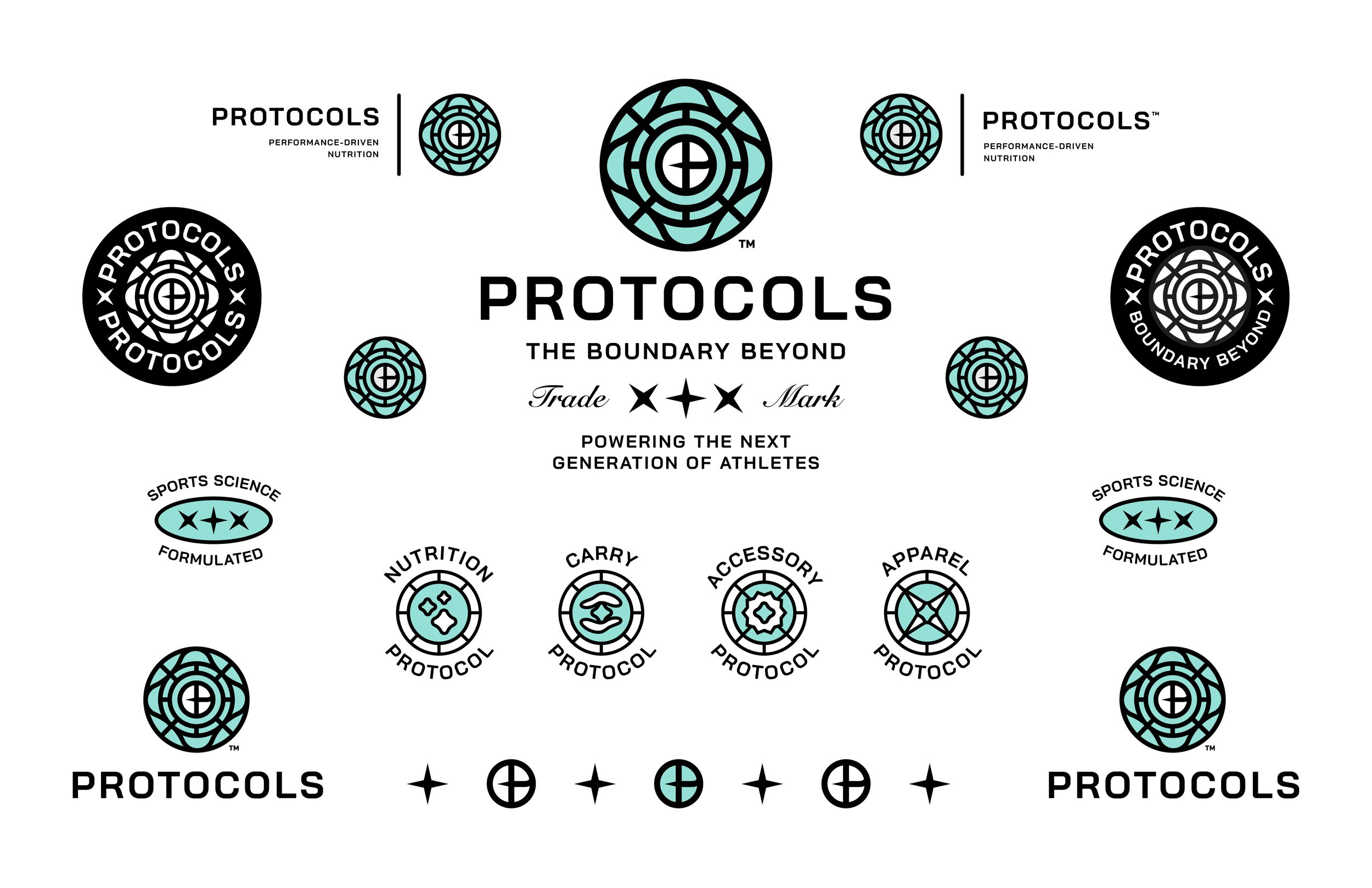 A collection of logos and icons related to protocols for athletic performance and nutrition, featuring the word 'PROTOCOLS' and various stylized symbols.