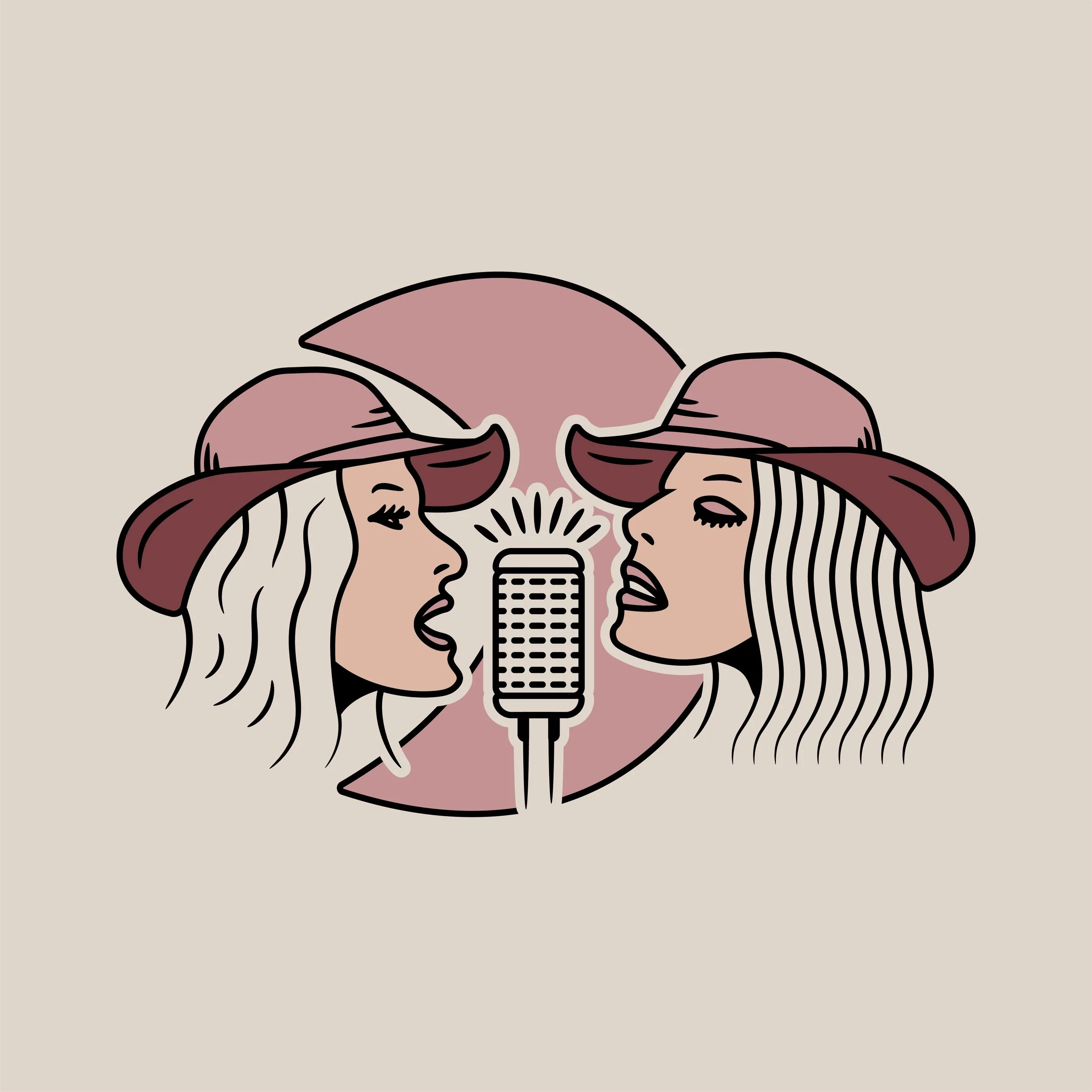 Illustration of two women facing each other, singing into a microphone, with a pink heart-shaped element behind them, against a beige background.