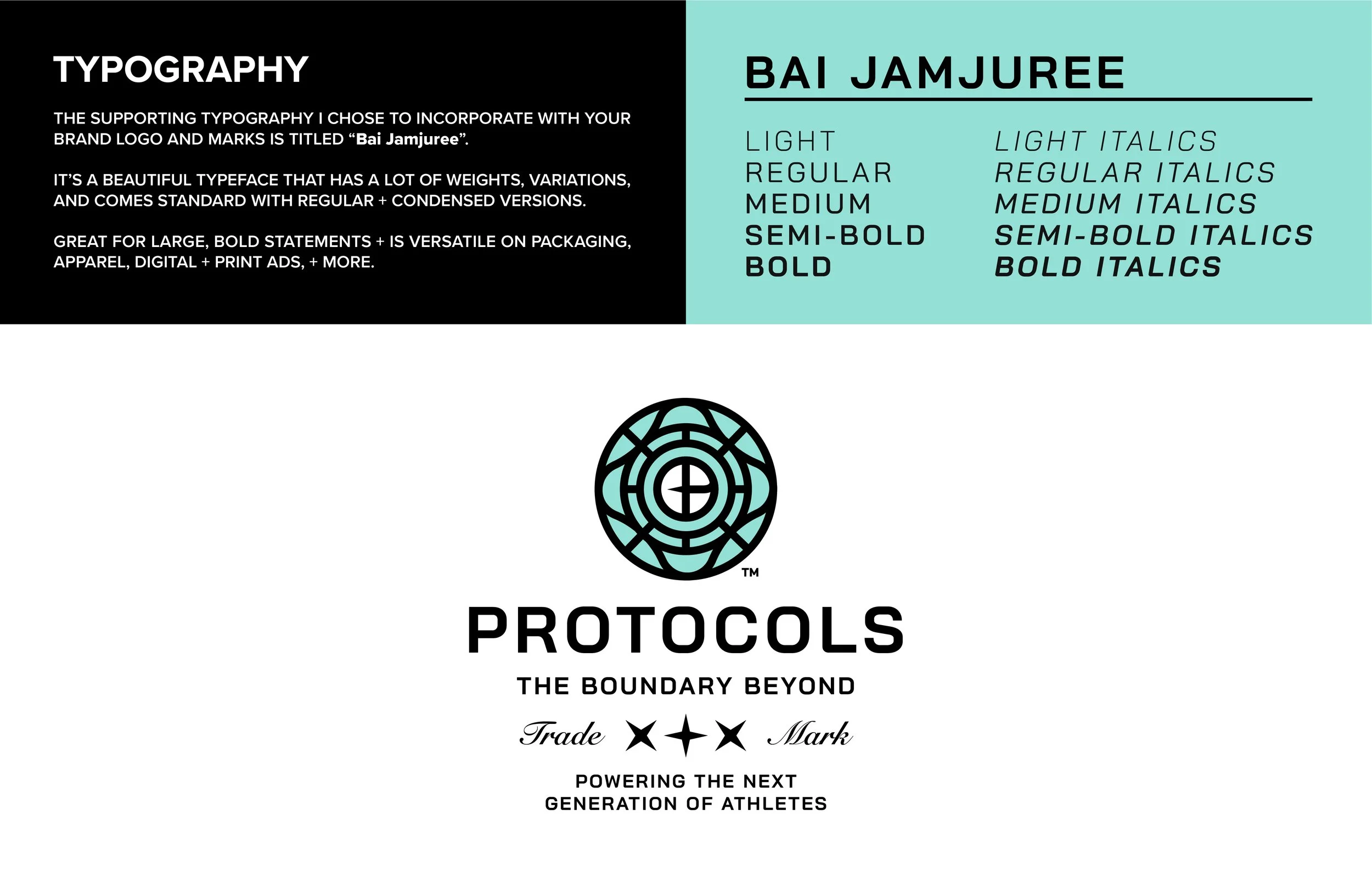 Design showcasing typography options for 'Bai Jamjuree' font, with various weights and italics, alongside a Protocals logo, and text about empowering athletes.