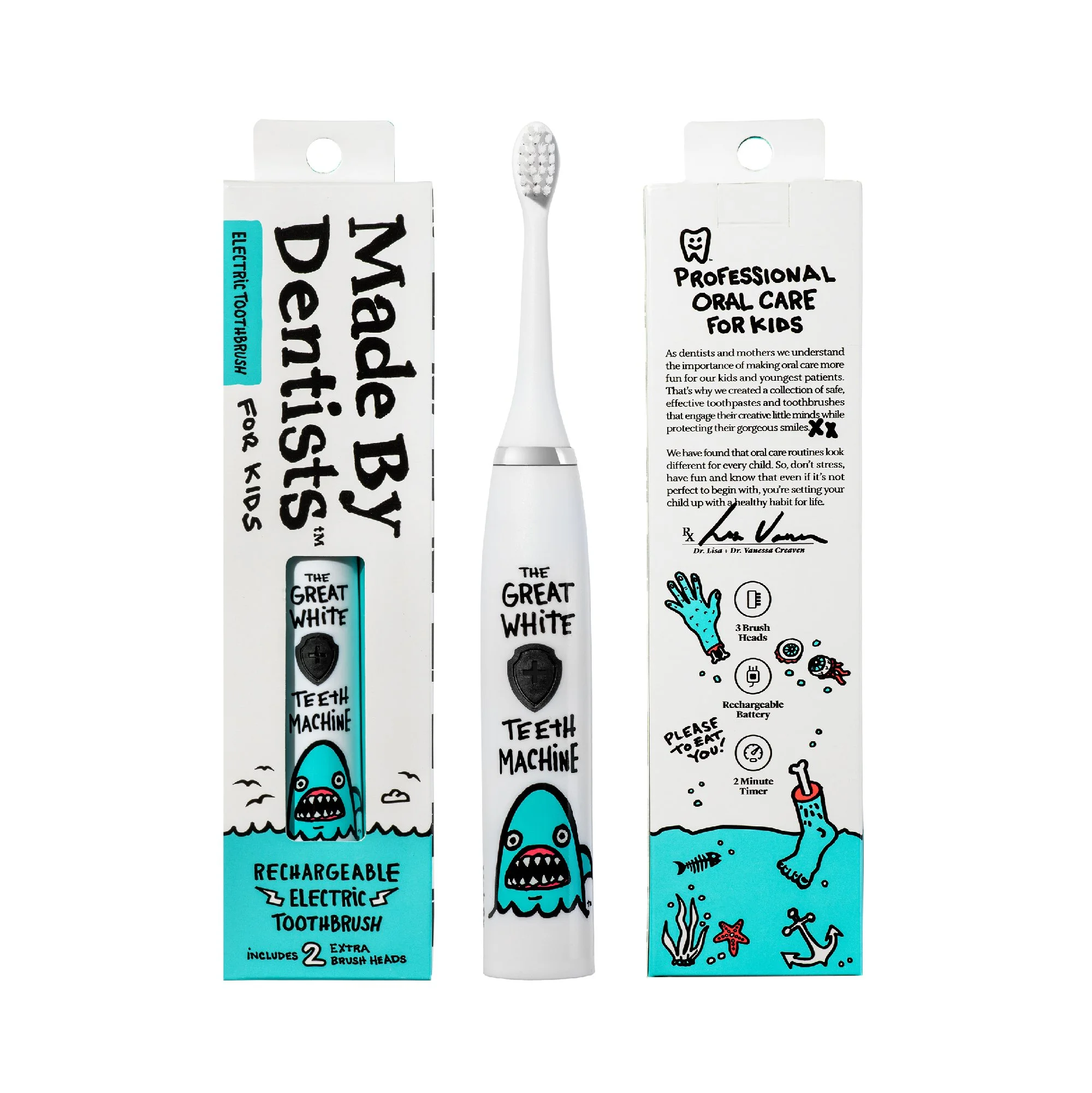 Aquatic-themed electric toothbrush packaging with cartoon fish, starfish, and anchors, featuring a blue color scheme and labels indicating rechargeable and includes extra brush heads.