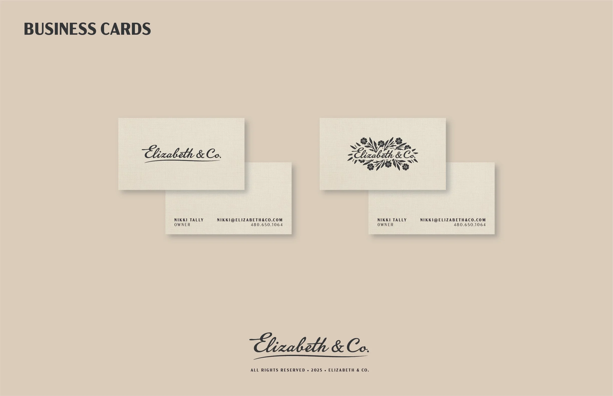 Set of two business cards with the name 'Elizabeth & Co.' and contact information, one featuring a floral design, on a beige background.