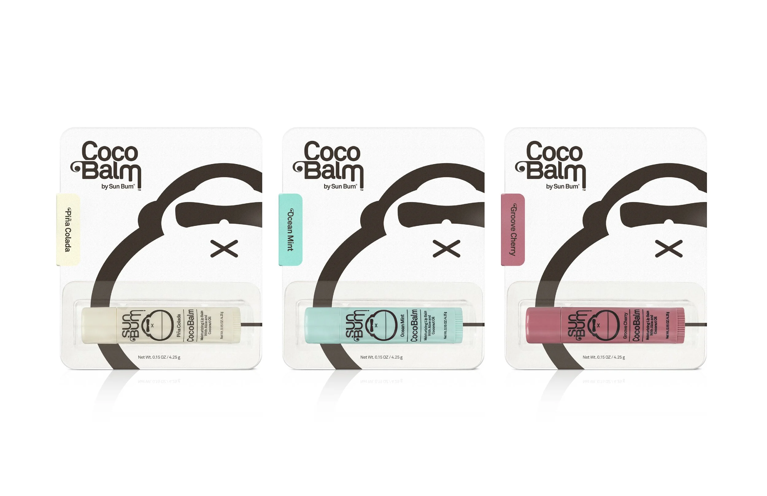 Three packages of Sun Bum Coco Balm lip balm in different flavors: pina colada, ocean mint, and groove cherry, arranged in a row on a white background.
