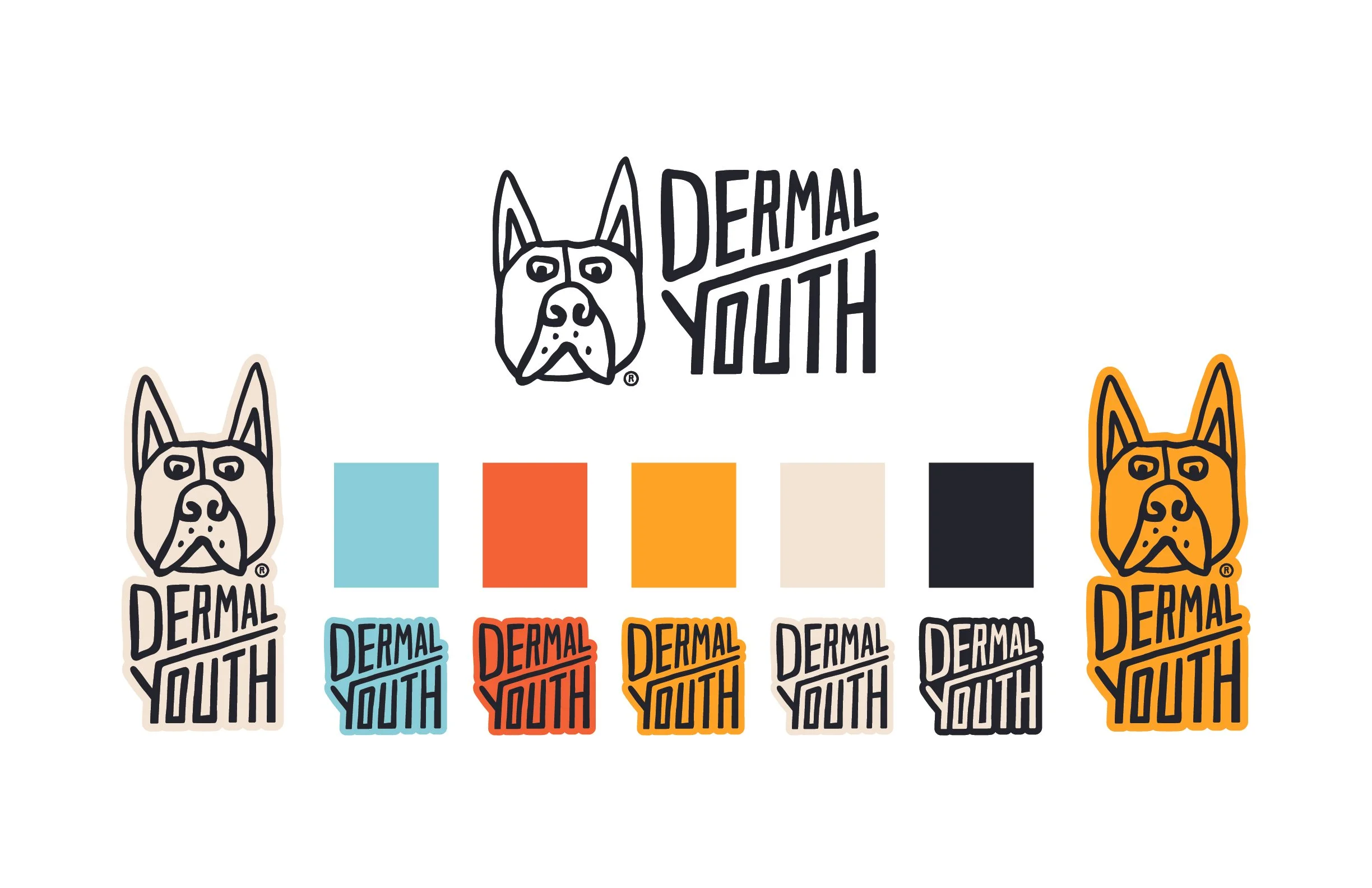 Colorful logo design with the words 'DERMAL YOUTH' and stylized dog faces in black outline, with different background colors including light blue, red, orange, beige, black, and orange, arranged in a pattern.