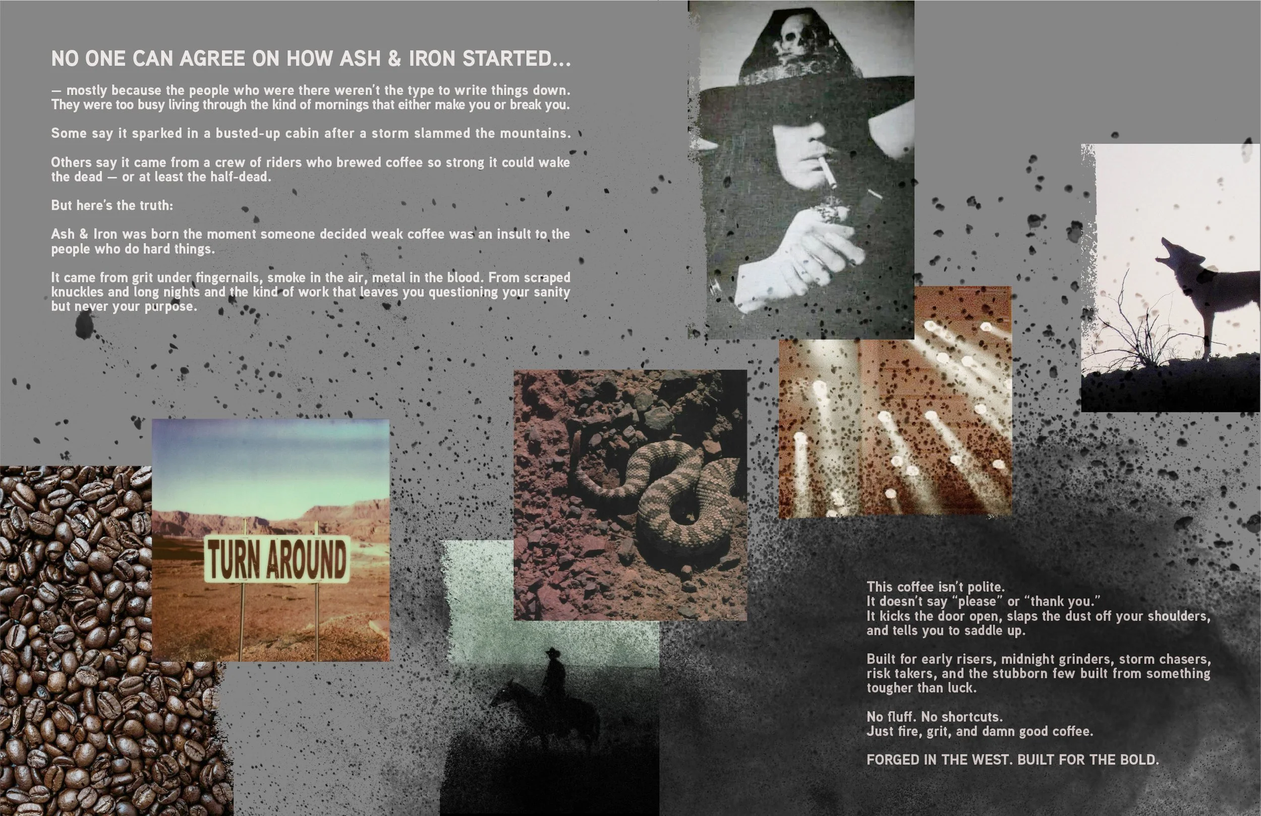 A collage of images with a gray background, black splatter patterns, and text discussing the origins of ash and iron in coffee. The images include a skeleton figure, coffee beans, a desert landscape with a sign that says "TURN AROUND," a snake, a mou