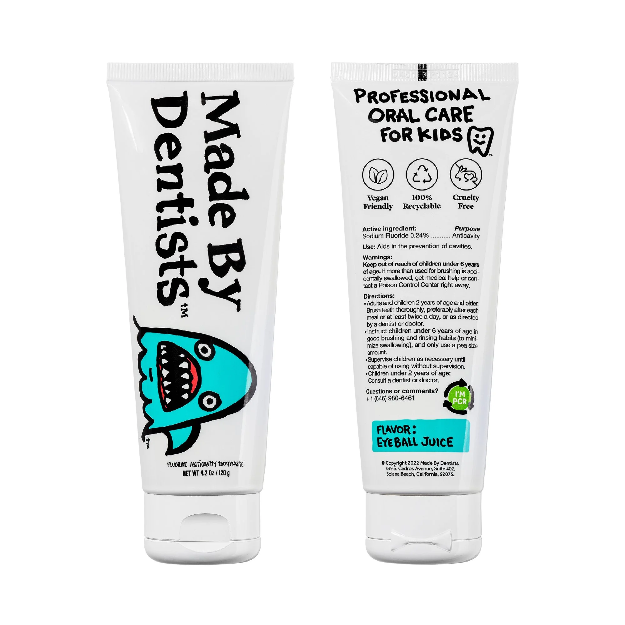 Two tubes of children's toothpaste with colorful cartoon shark graphics and black handwritten-style text highlighting their features, including flavor of eyeball juice.