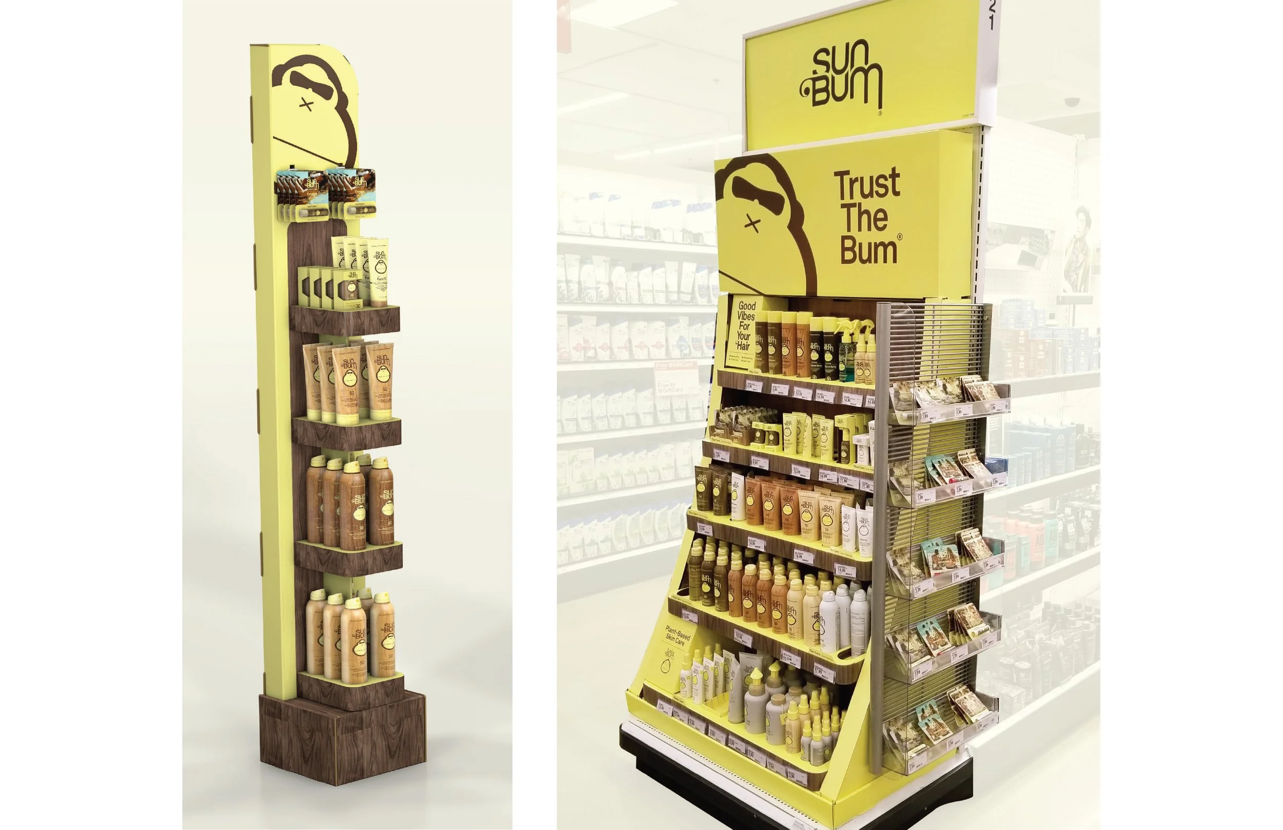 Display rack in store with yellow packaging products and a sign reading 'Trust the Bum' and 'Good Vibes for Your Hair' at a retail aisle.