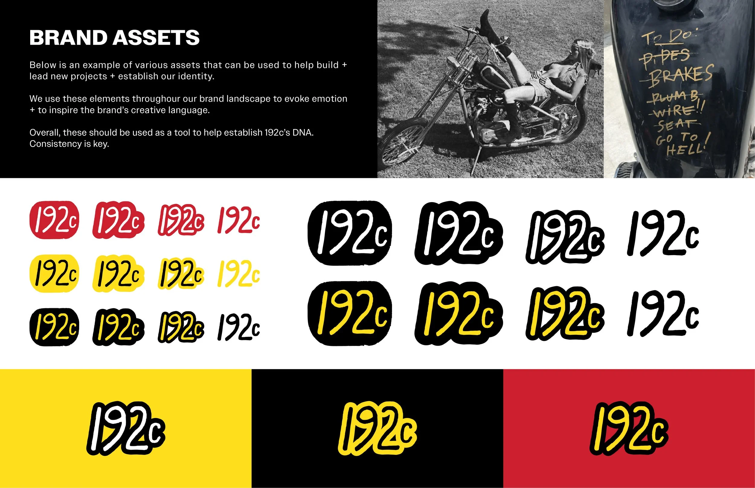 A graphic displaying different brand assets for a company, including various stylized '192c' badges in red, yellow, black, and white, a photograph of a woman lying on a vintage motorcycle outdoors, and a close-up of a black container with a handwritt
