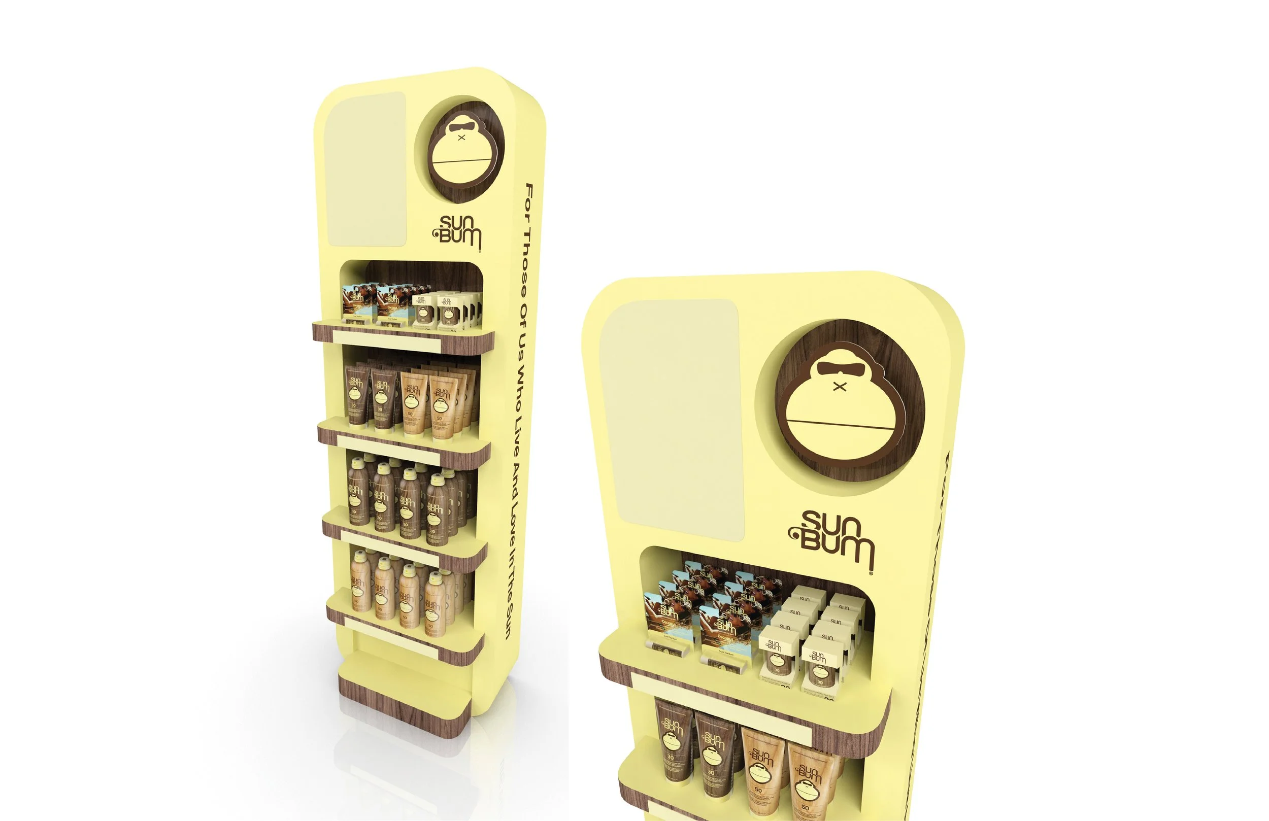 Two store shelves for Sun Bum sunscreen and skincare products featuring the Sun Bum logo with a cartoon face, colored in yellow and brown, against a plain white background.