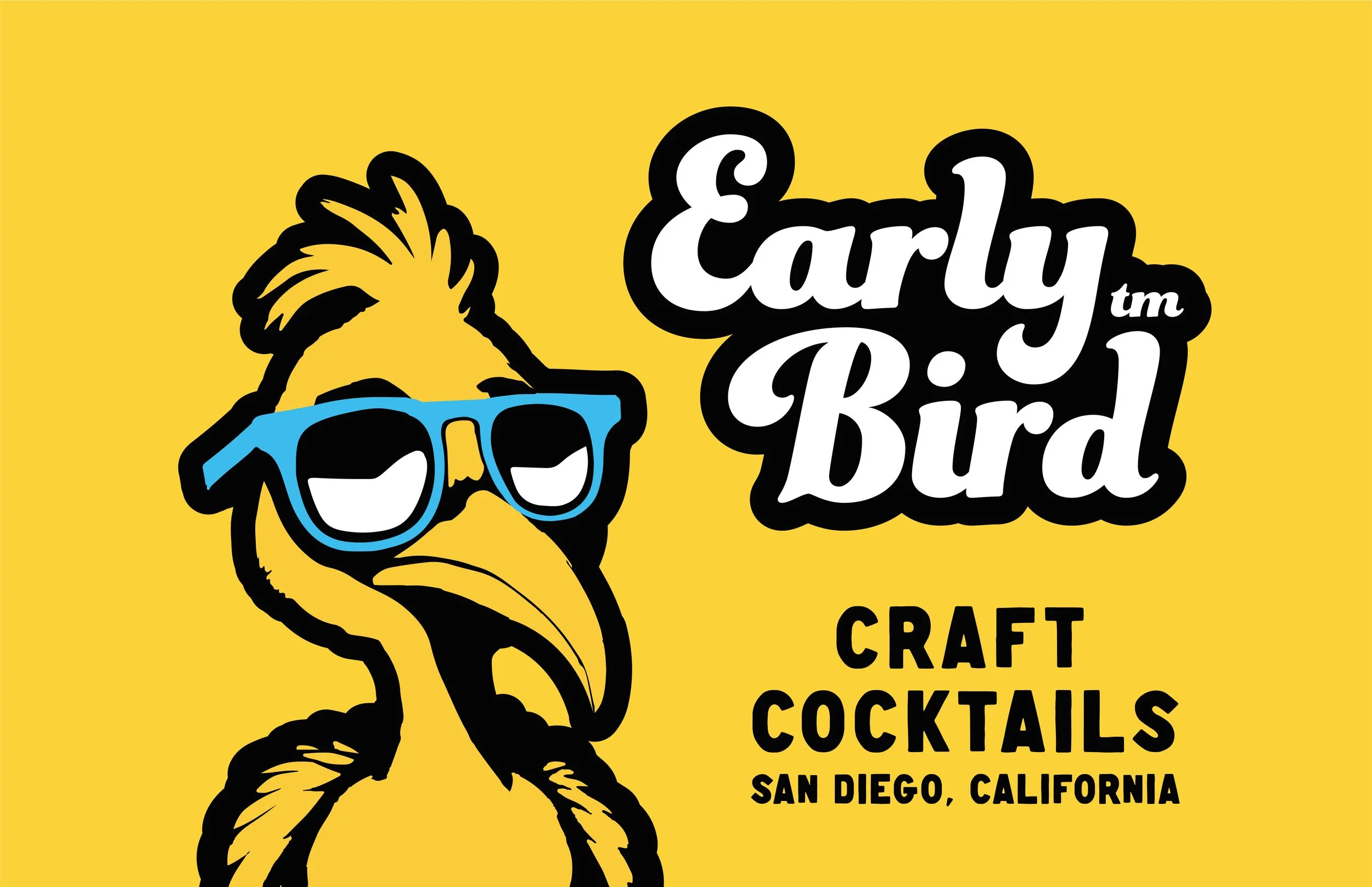 A yellow background featuring a cartoon chicken wearing sunglasses, along with black and white text that reads 'Early Bird' and 'Craft Cocktails San Diego, California.'