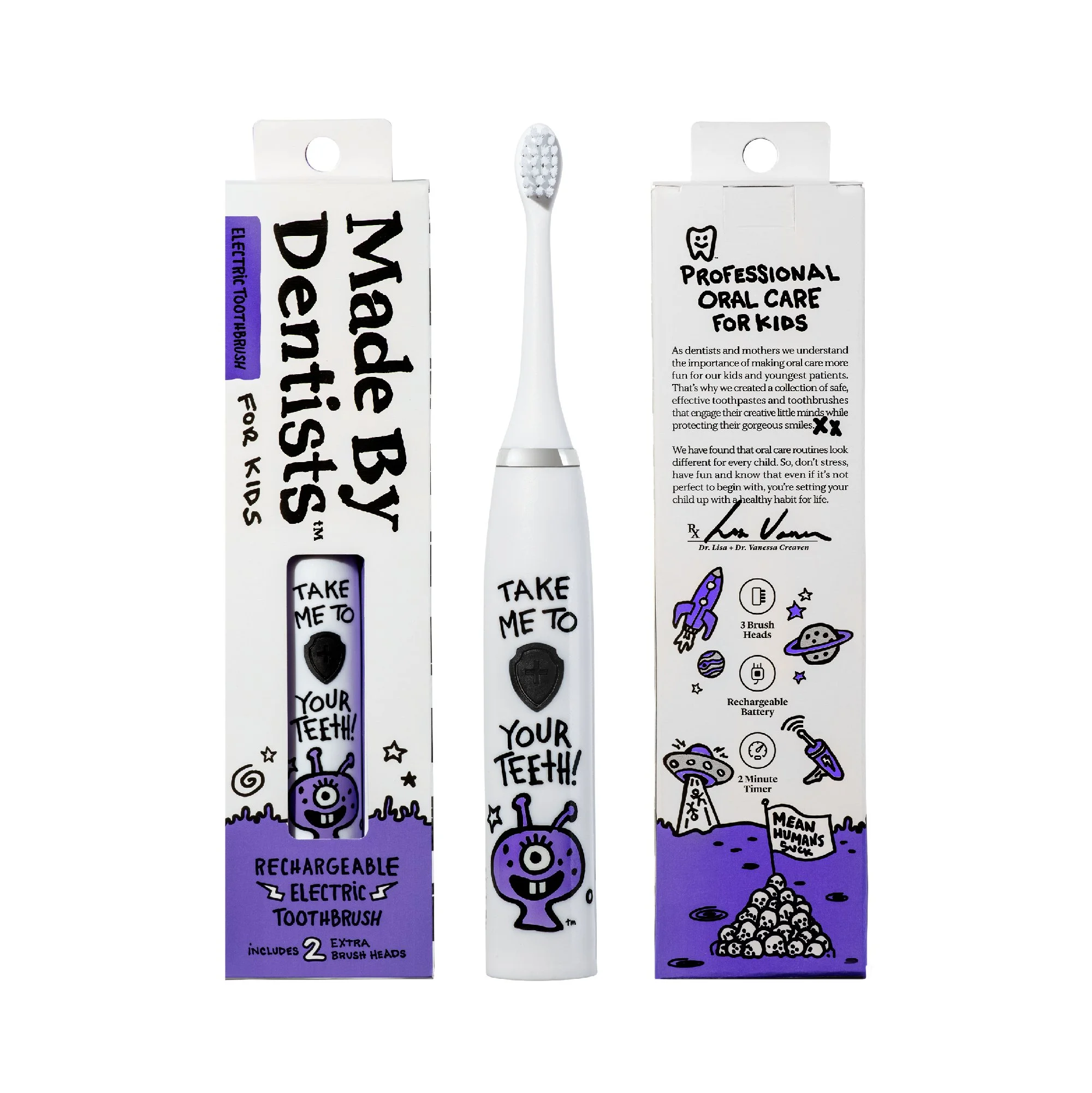 Cute artwork on toothbrush packaging featuring a friendly monster with one eye, colorful stars, planets, a rocket, and a pile of skulls at the bottom. The packaging promotes a rechargeable electric toothbrush with extra brush heads and a two-minute t