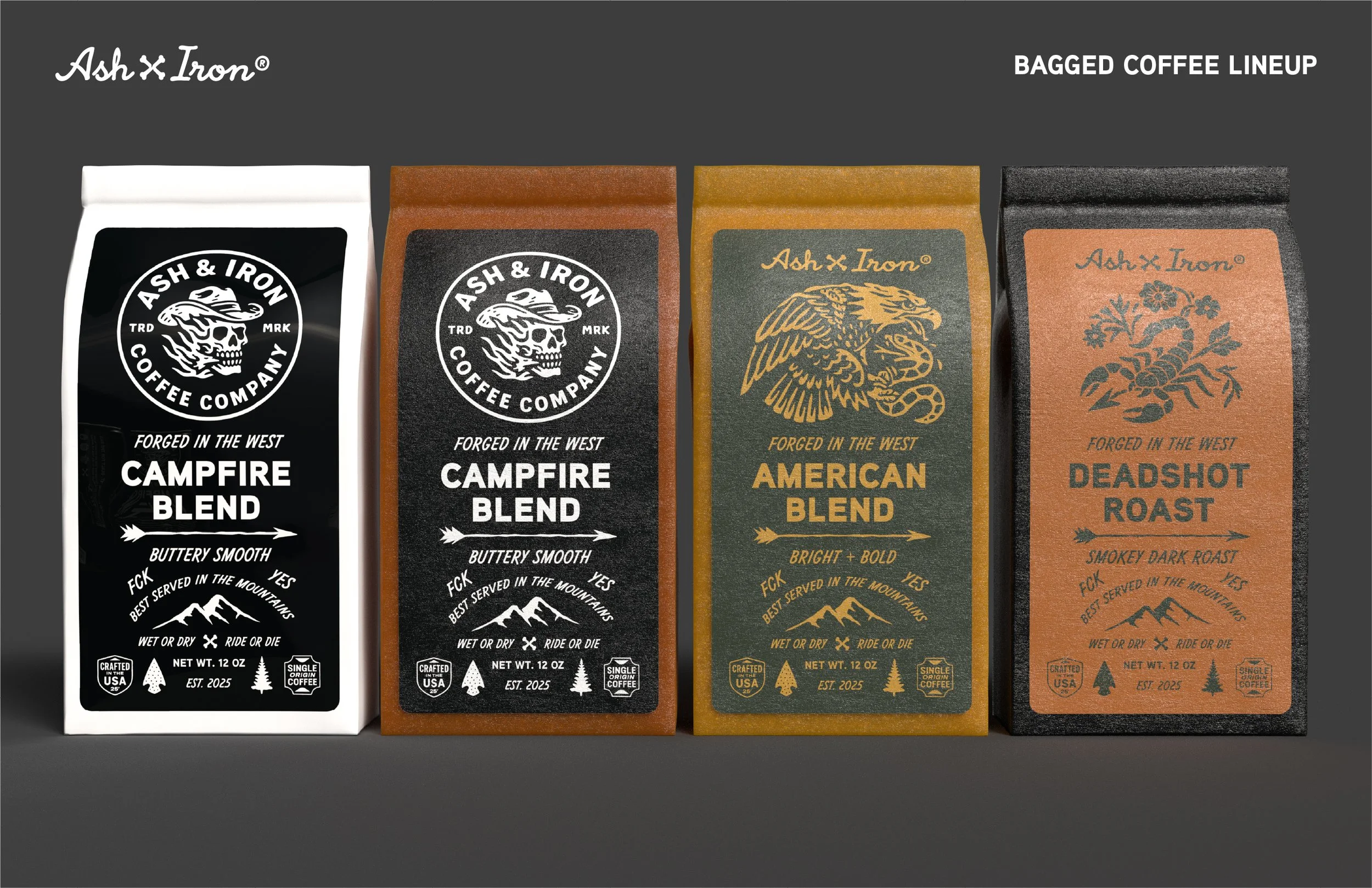 Four packages of Ash x Iron Coffee lined up side by side, each with distinct designs and colors, featuring different coffee blends and branding elements.