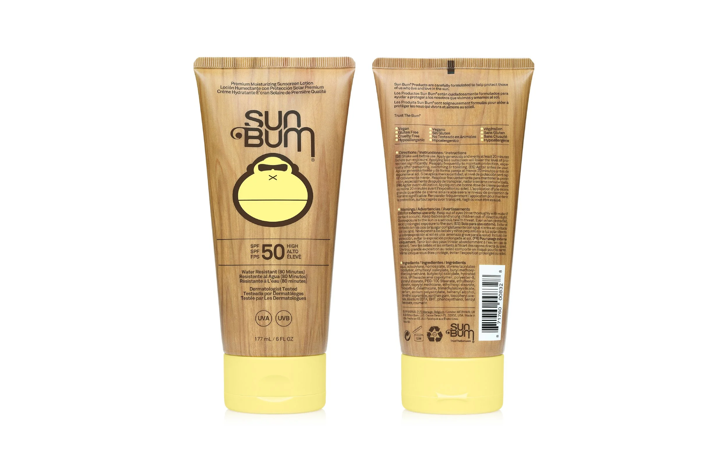 Tube of Sun Bum moisturizer with sunscreen SPF 50, featuring a cartoon banana character on a beige background, with product information and ingredients listed on the back.