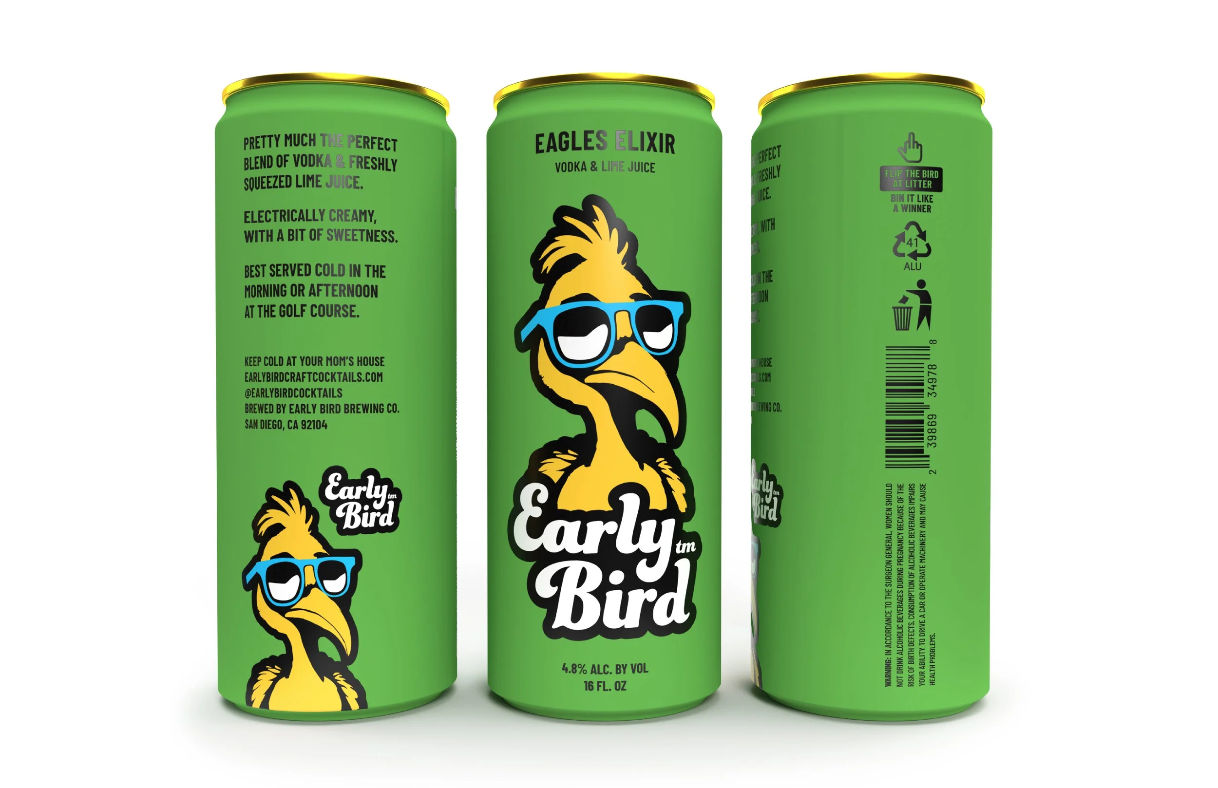 Three green cans of Early Bird alcohol, featuring a cartoon bird wearing sunglasses on the front.