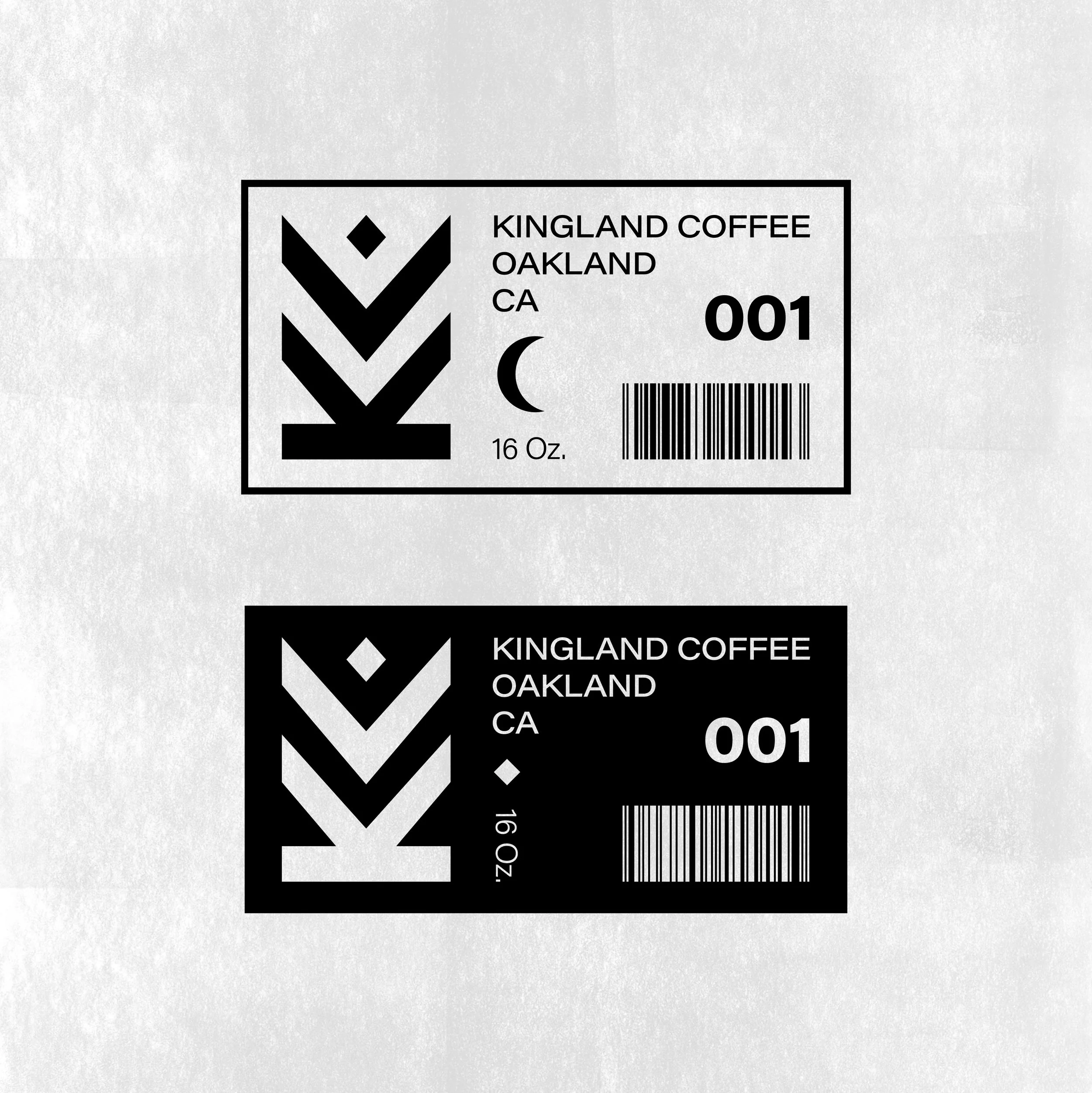 A black and white rectangular coffee label featuring a checkmark symbol, the words 'Kingland Coffee Oakland CA,' a barcode, and the number '001'.