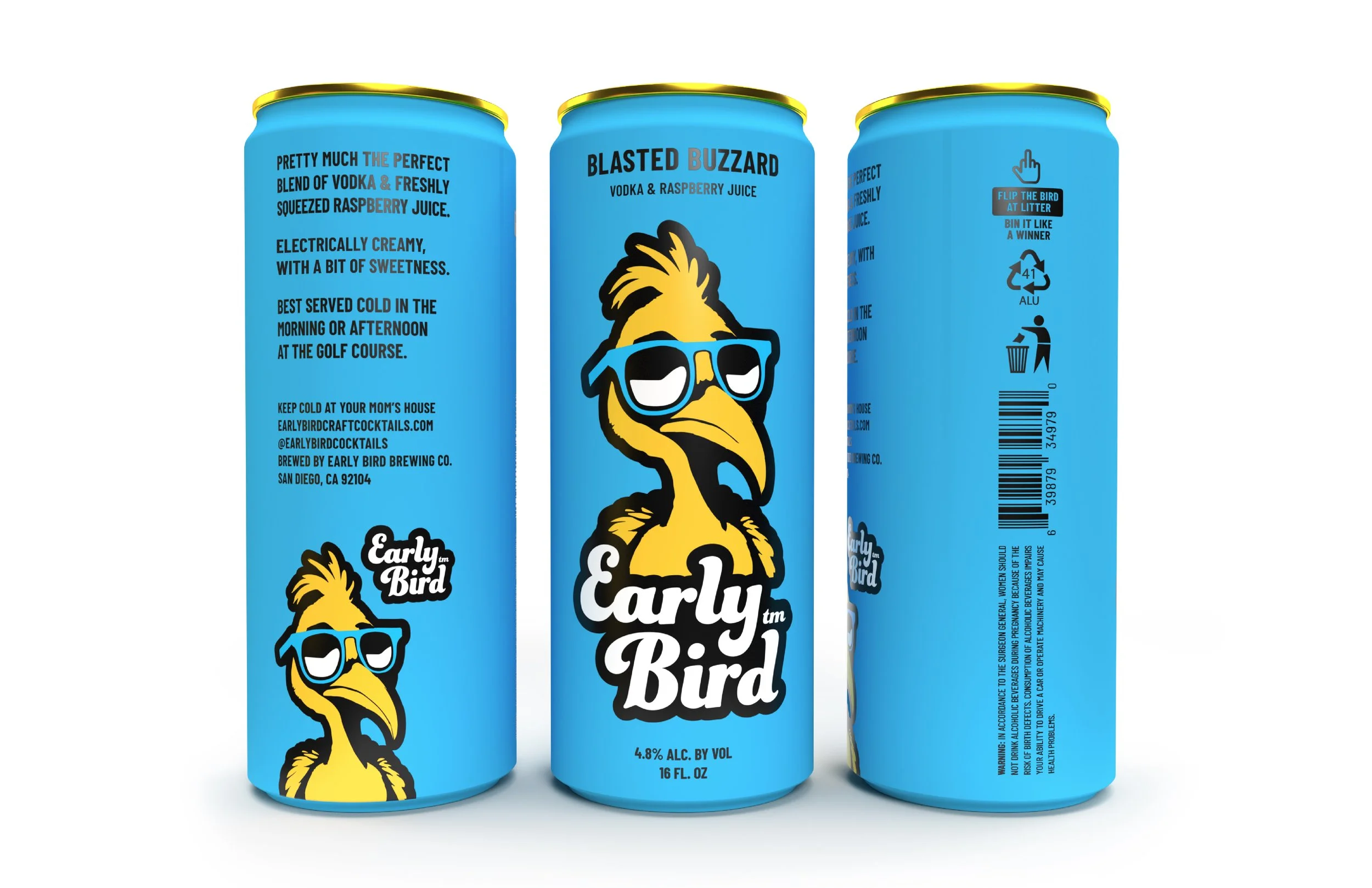 Three blue cans of alcoholic beverage with a cartoon bird wearing sunglasses on the front.