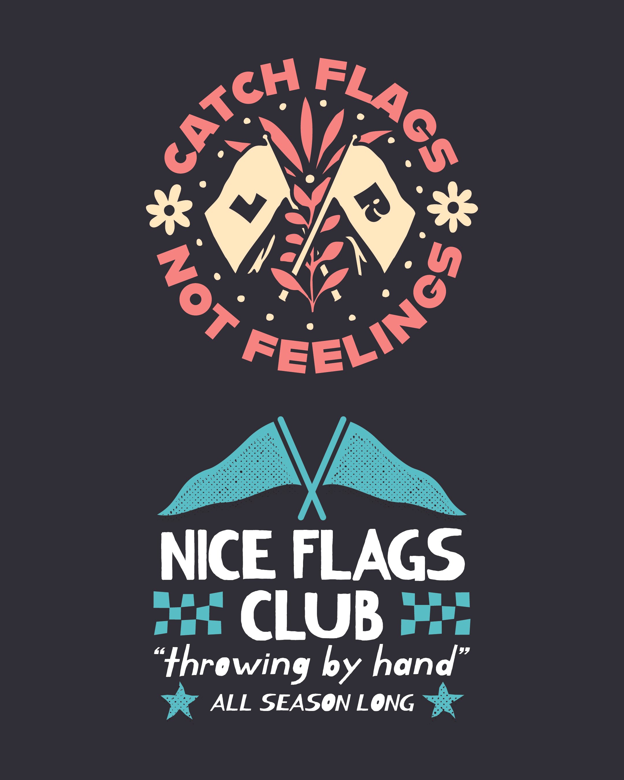 Graphic design with colorful text and illustrations, promoting a sports club. It features a large pair of blue sneakers as the main graphic, with text that says "Nice Flags Club" and phrases like "throwing by hand" and "all season long," decorated wi