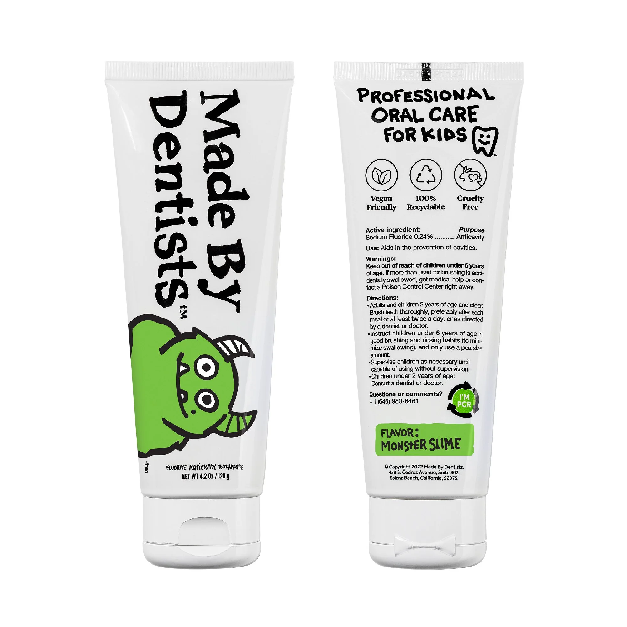 Toothpaste tube with green cartoon monster face, labeled 'Monster Slime' flavor and featuring illustrations indicating vegan, recyclable, and cruelty-free attributes.