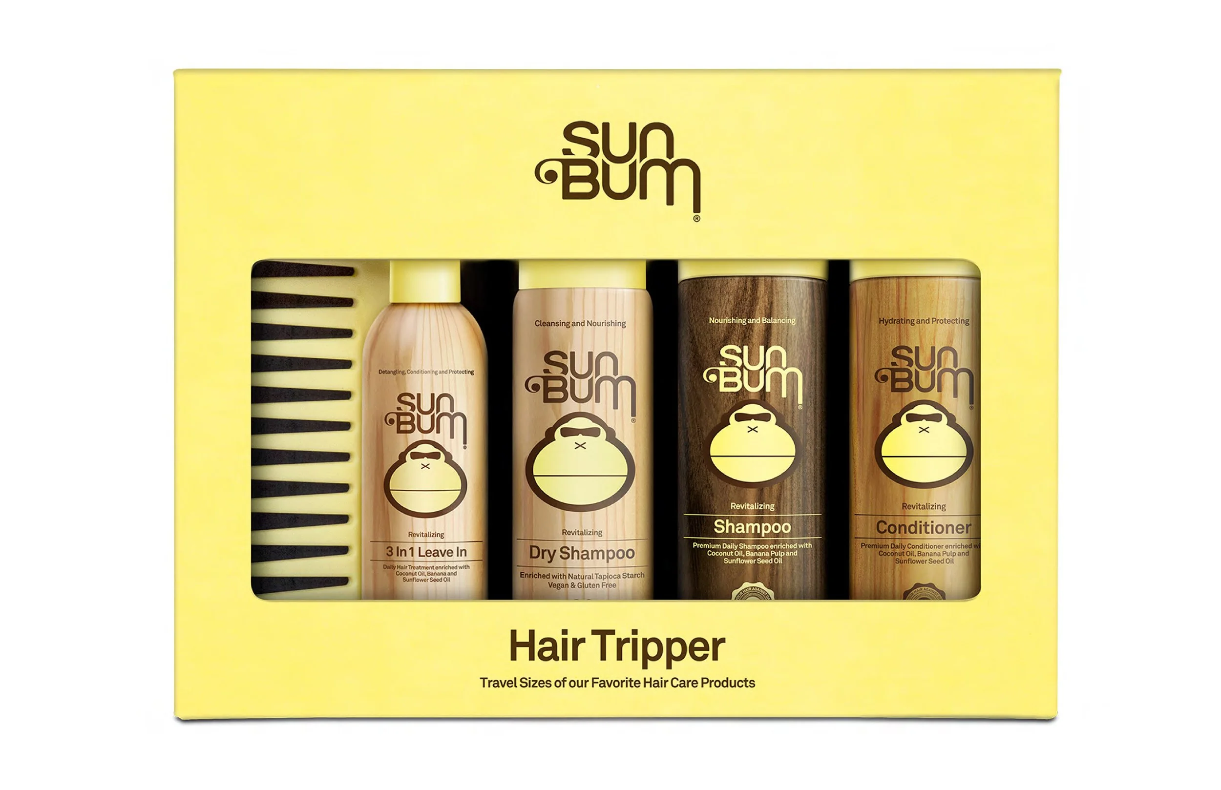 A yellow box containing four Suns Bum hair care travel-sized products: 3-in-1 Leave-in Conditioner, Dry Shampoo, Shampoo, and Conditioner, each with brown and beige packaging and a monkey logo.