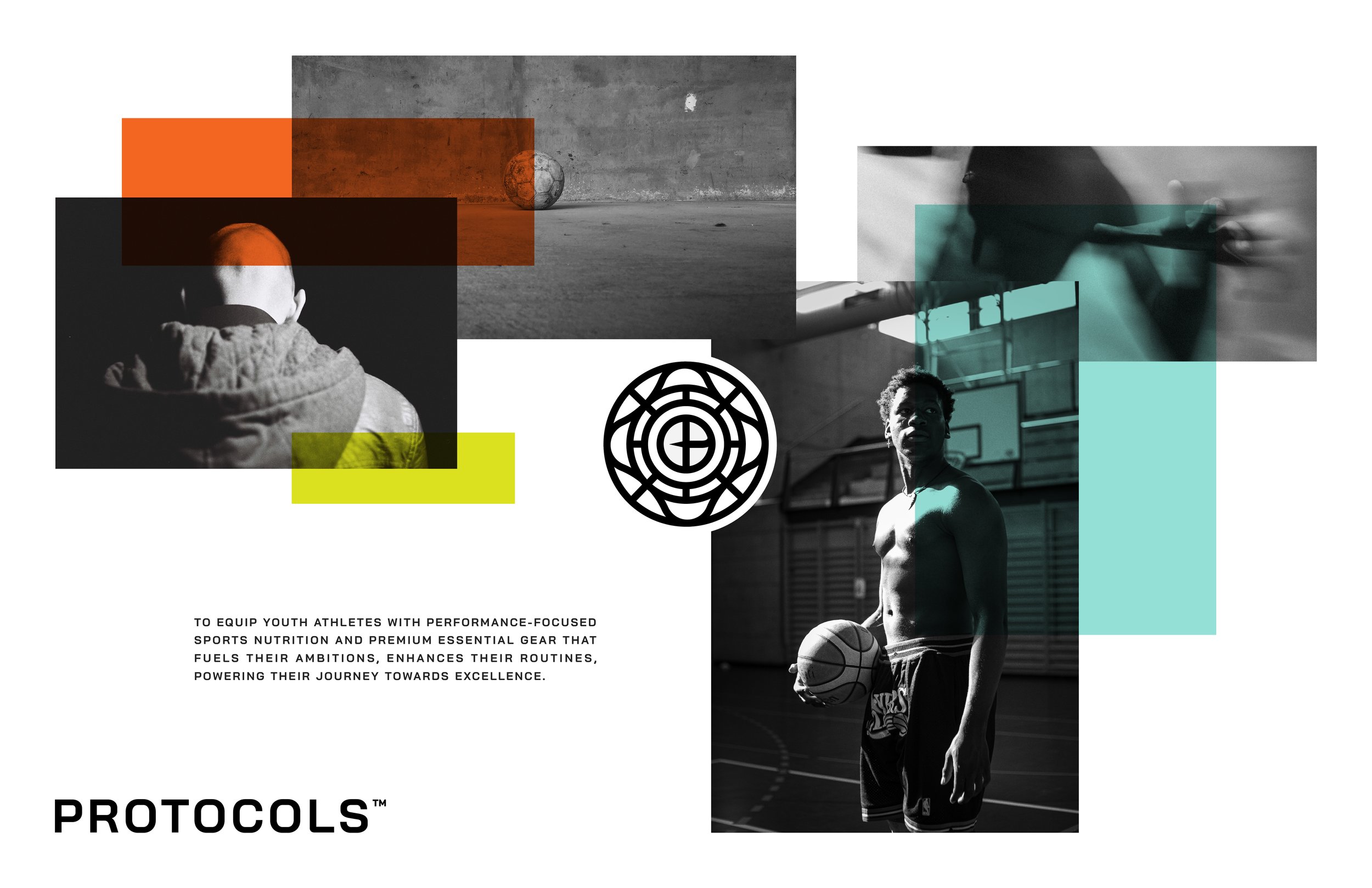 Collage of black and white photos of young athletes, volleyball, and basketball, with colorful geometric overlays and a circular logo, promoting youth sports nutrition and gear.